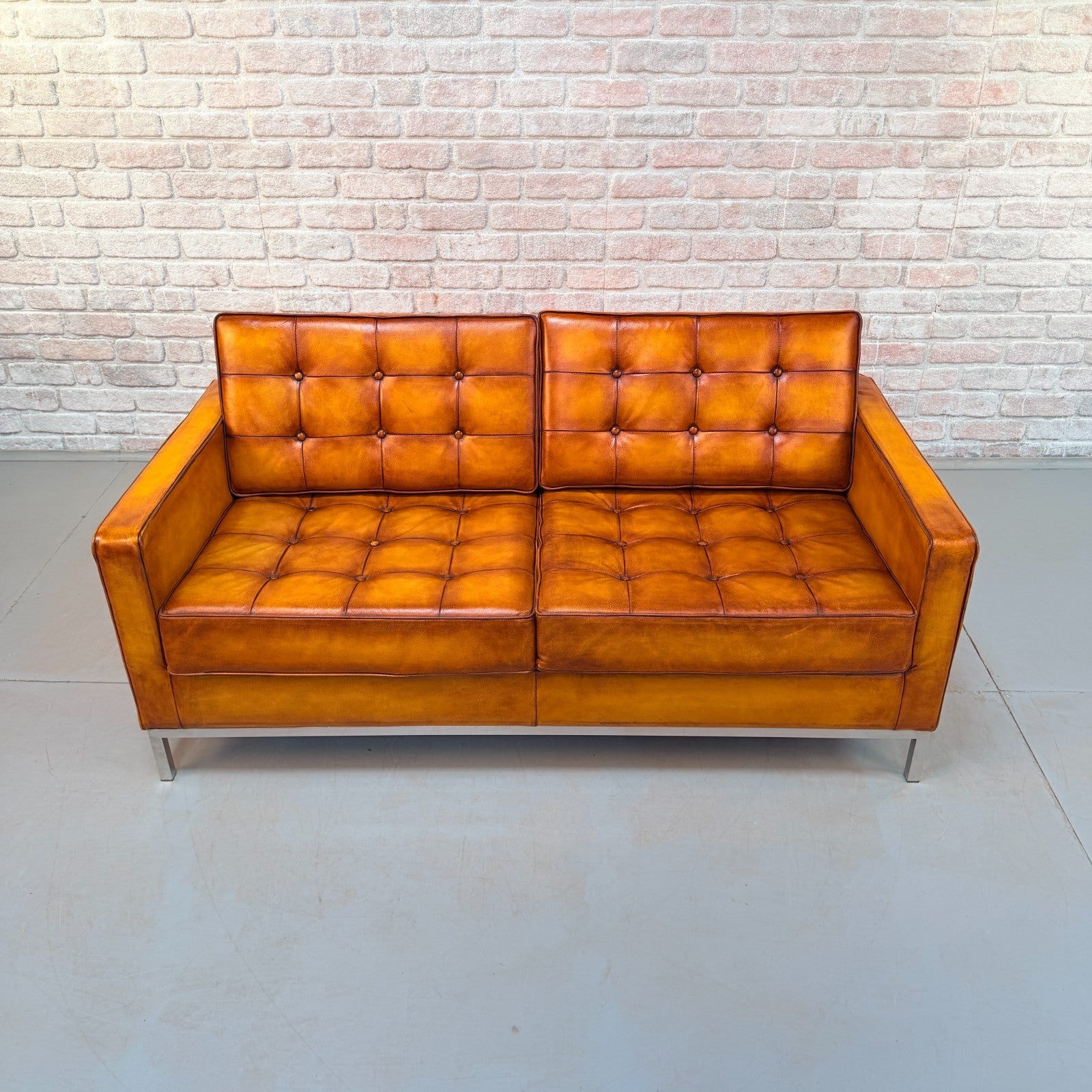 Vintage Florence Knoll Style Tan Leather Two Seater Sofa