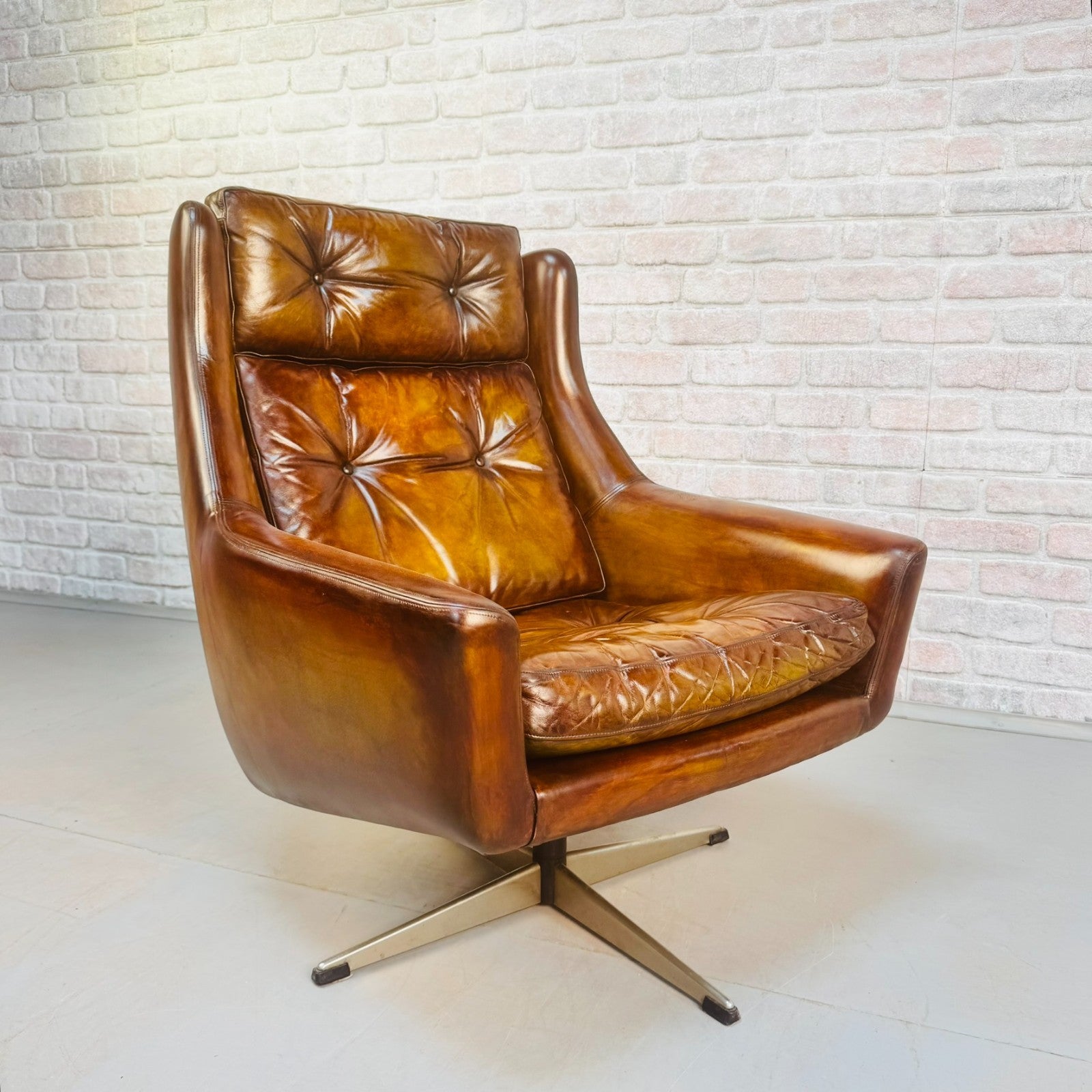 Vintage 1970s Danish Cognac Leather Egg Swivel Chair by Eran