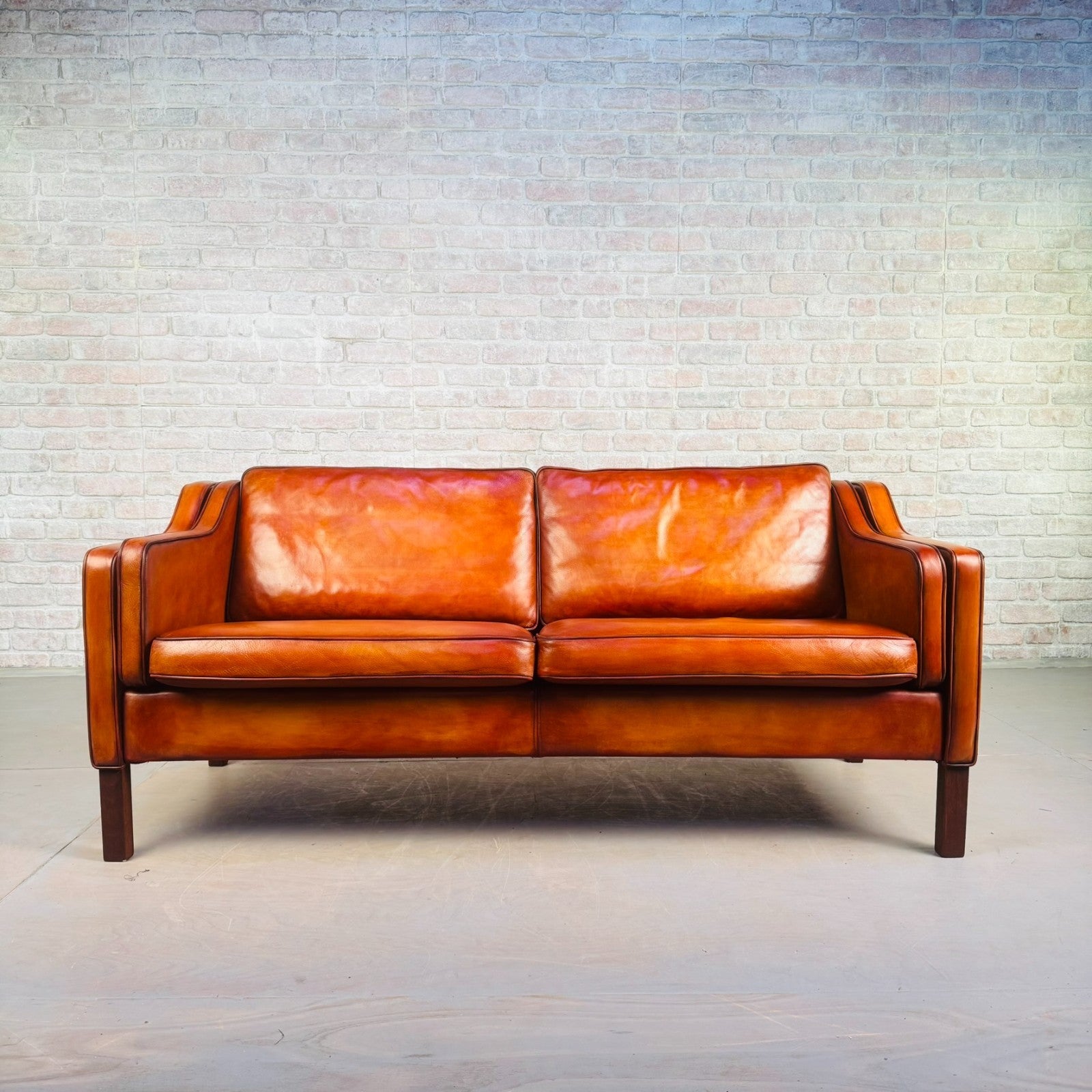 Stylish Pair of Vintage Danish Tan Leather 2.5 Seater Sofas