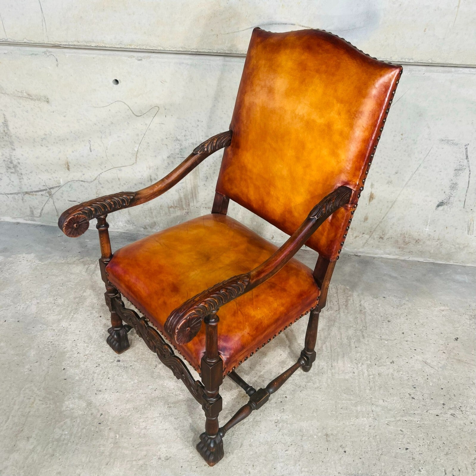 Cromwellian Revival Carved Oak and Leather Armchair Carver Chair