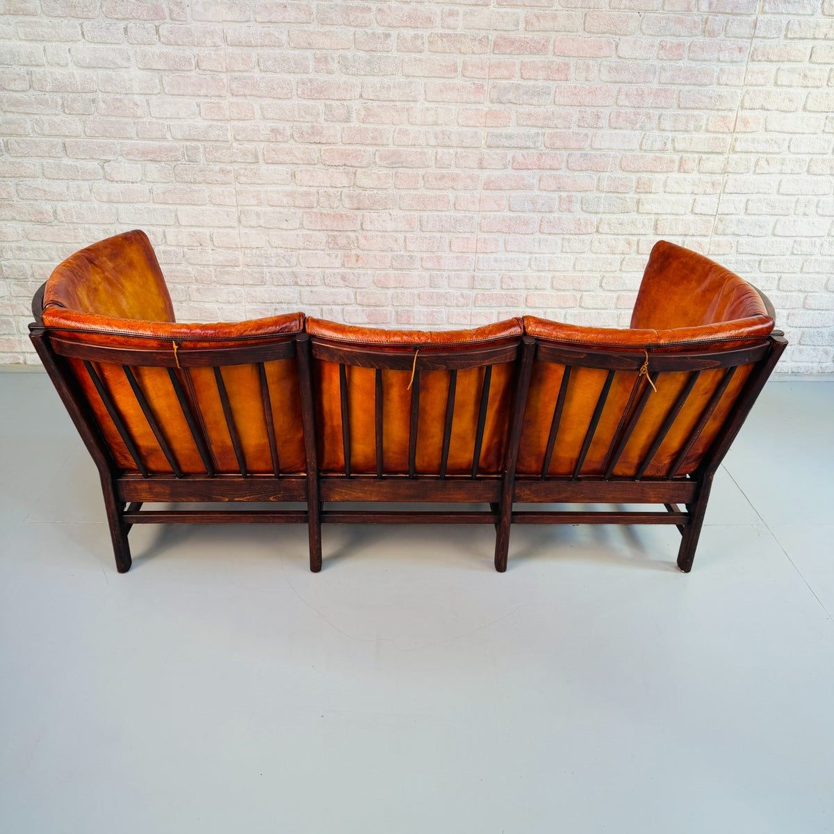 1970s Vintage Danish Hand Dyed Cognac Leather 3 Seater Sofa