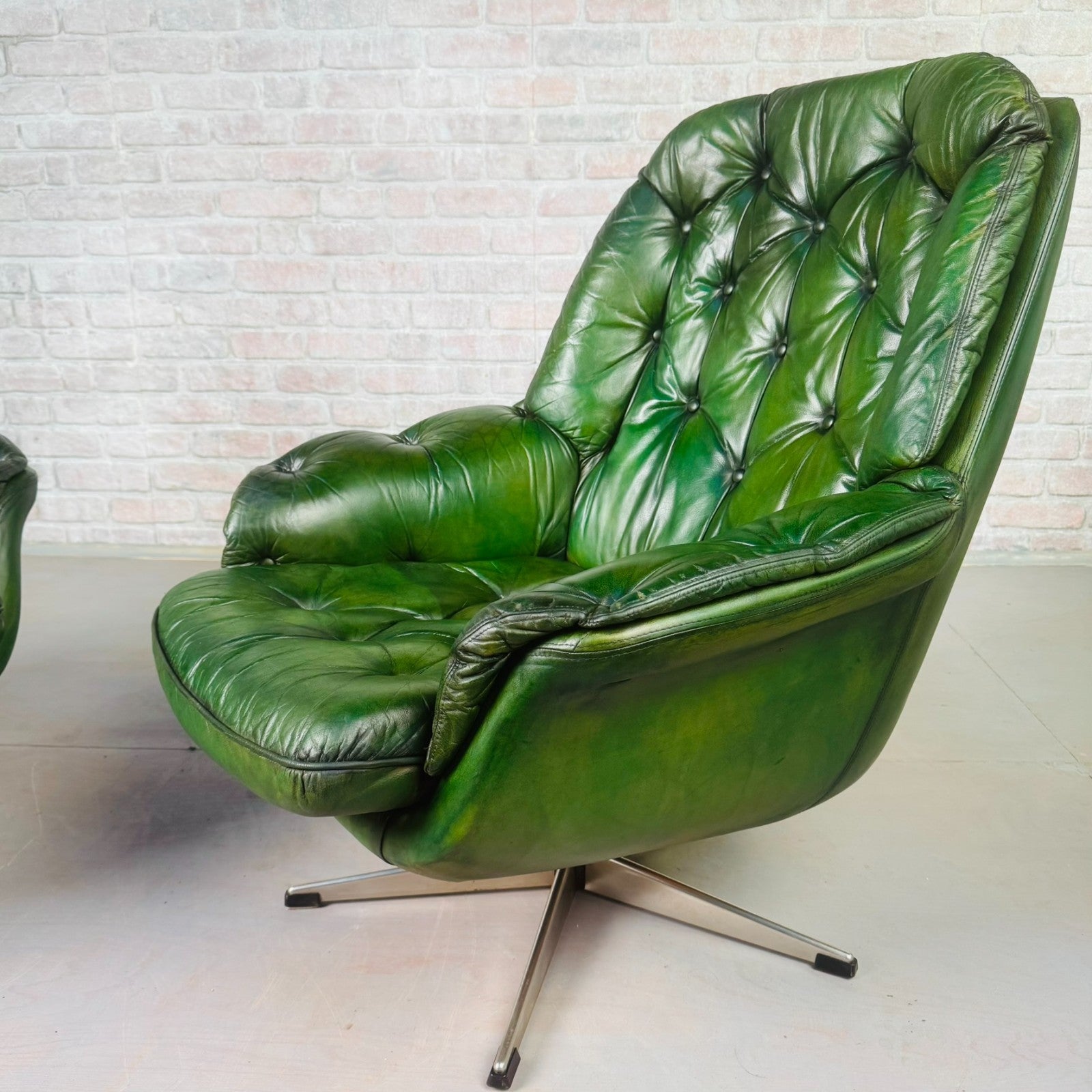 Pair of Vintage Danish Green Leather Swivel Chairs