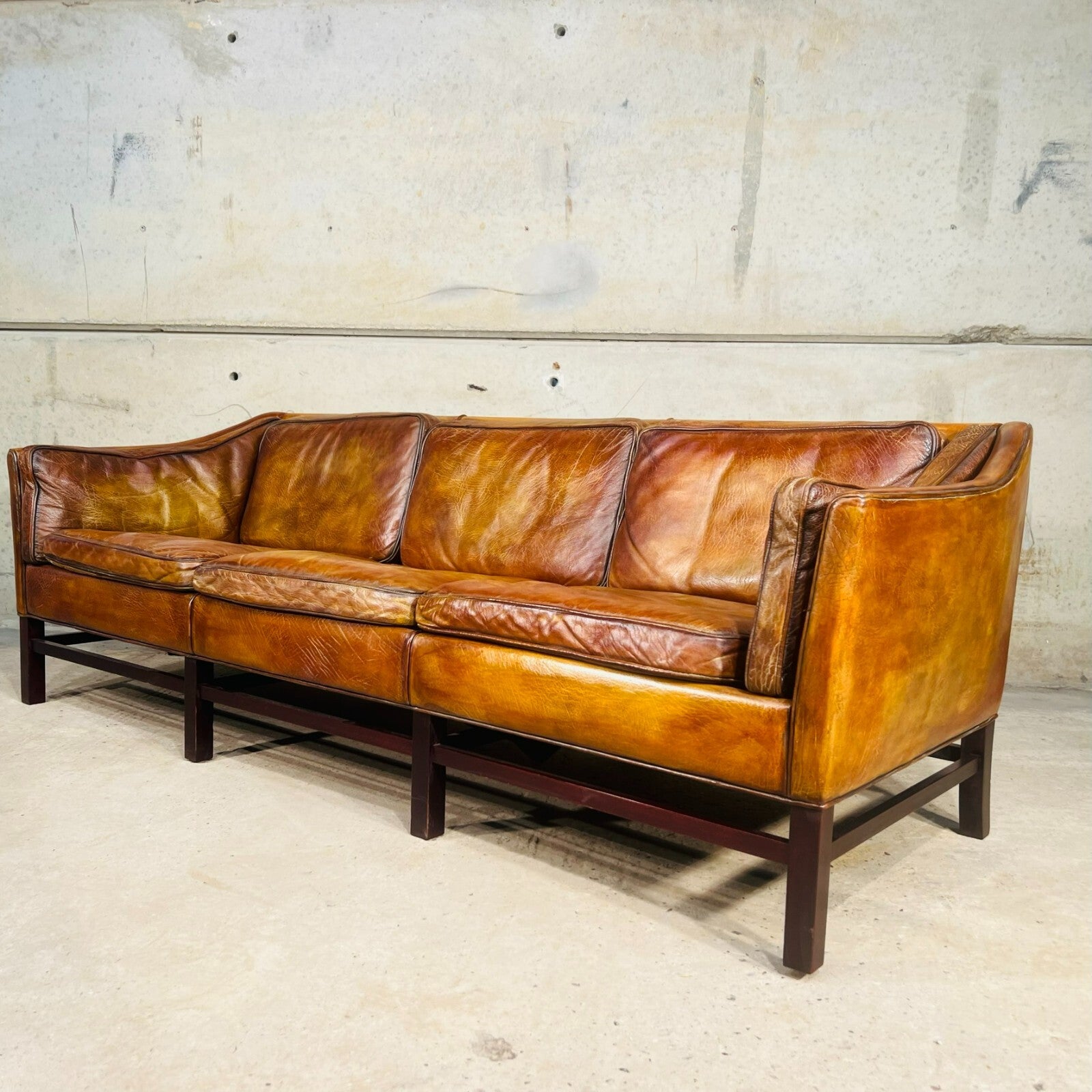 Vintage Erik Jorgensen 70s Danish Tan Three-Seater Leather Sofa