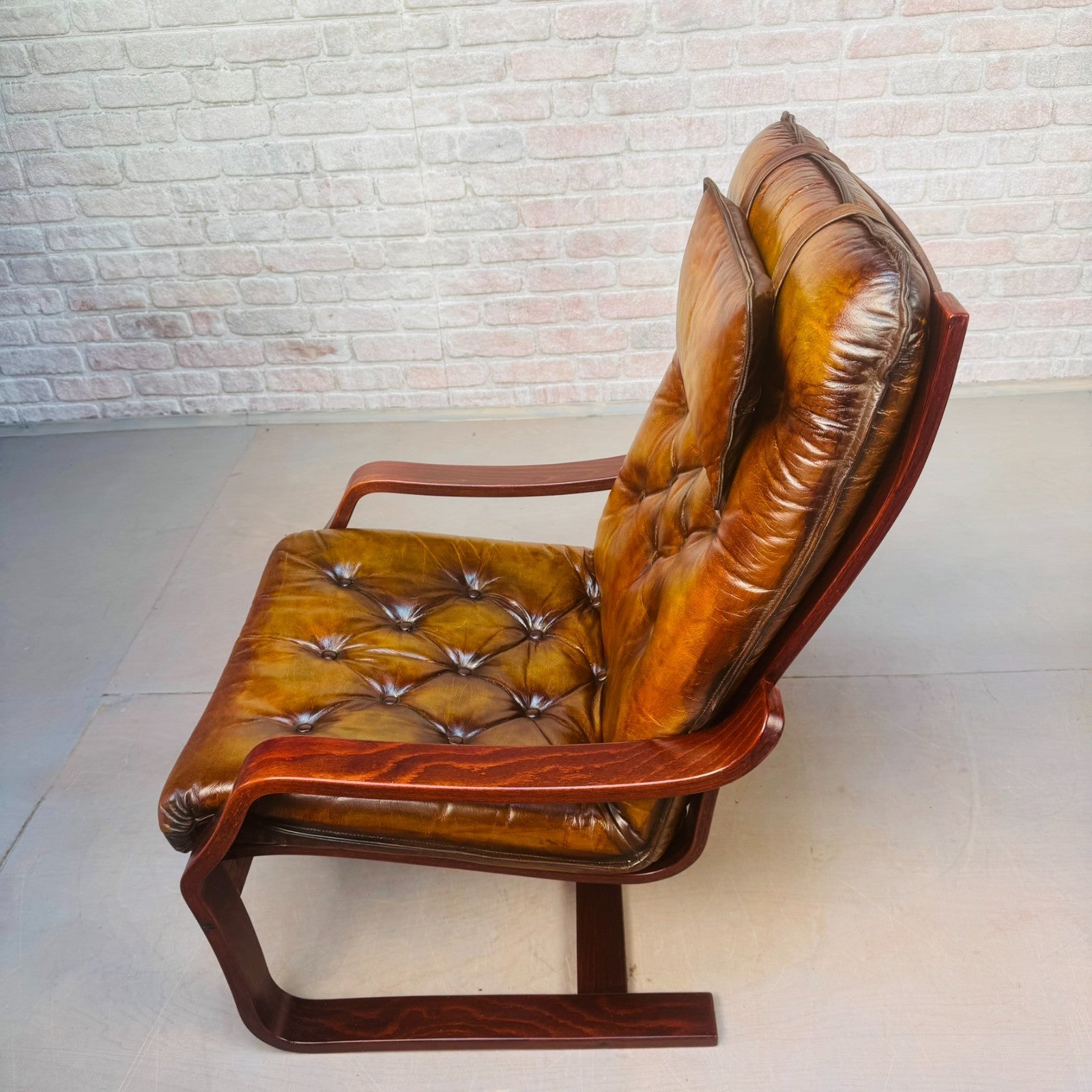 Pair of Vintage Scandinavian Tan Leather Bentwood Armchairs