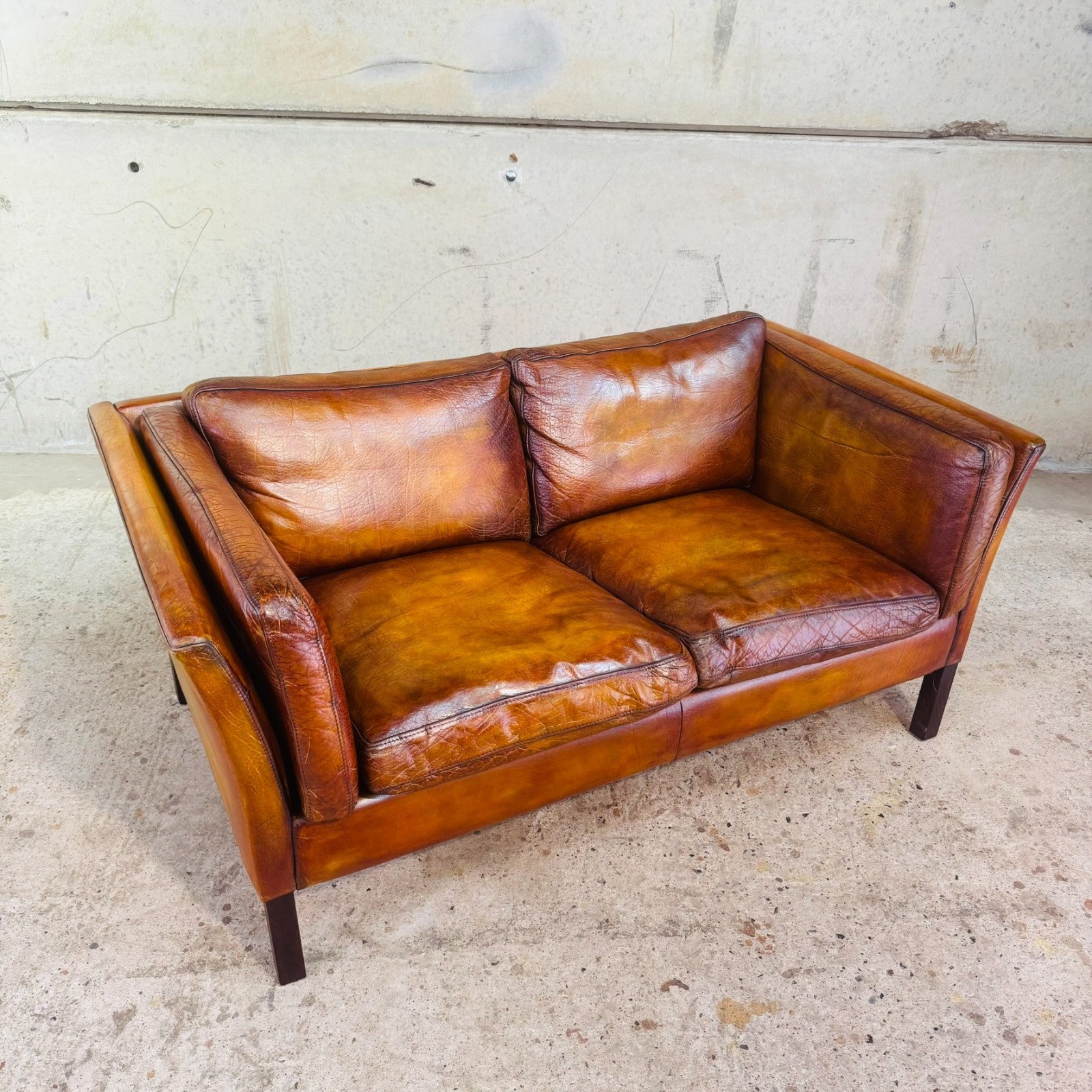 Vintage 1970s Danish Tan Leather Two-Seater Sofa