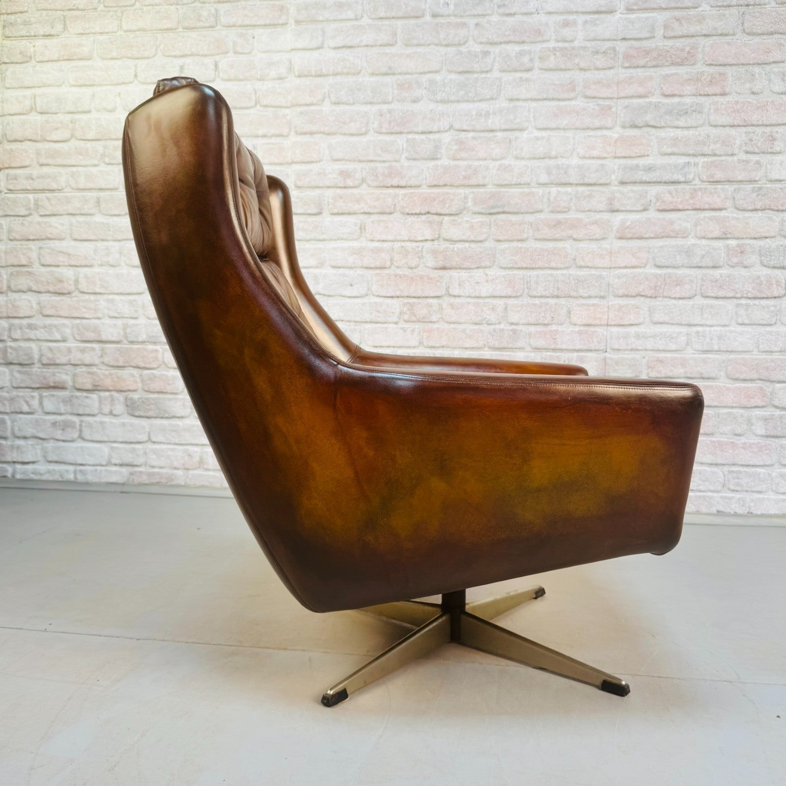 Vintage 1970s Danish Cognac Leather Egg Swivel Chair by Eran