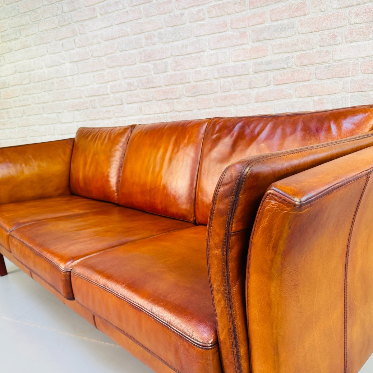 Vintage Danish Tan Leather 3 Seater Sofa – Hand Dyed Beautiful Patina
