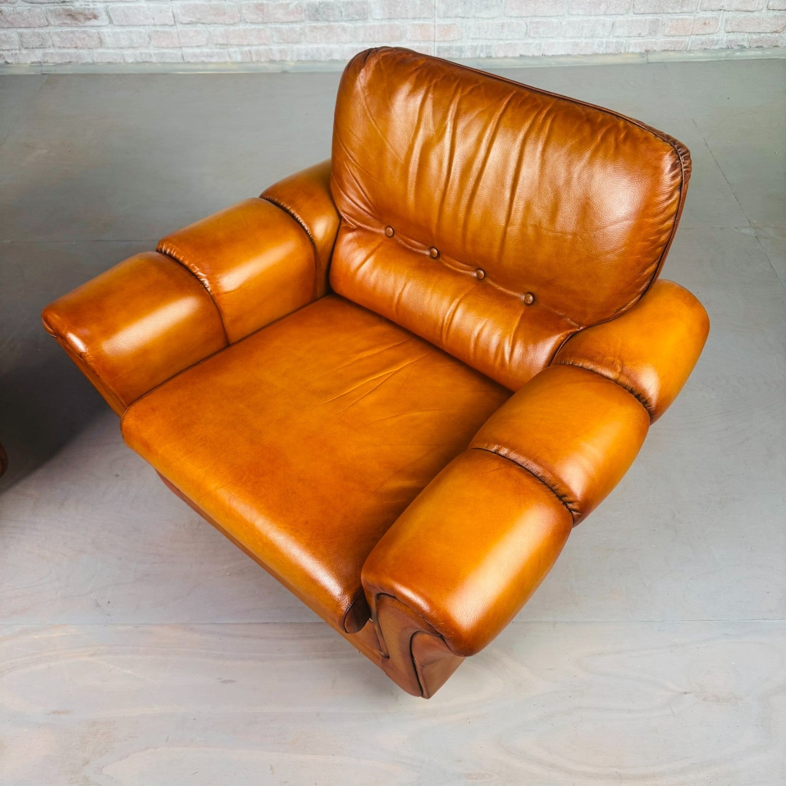 Pair of Vintage Danish Cognac Leather Armchairs – Hand-Dyed Patina