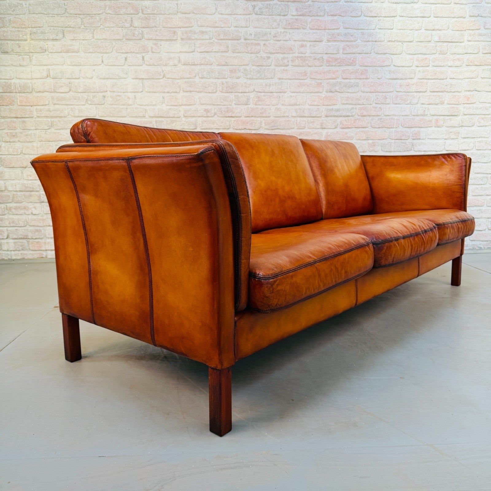 Vintage 1970s Danish Cognac Hand-Dyed Leather Three Seater Box Sofa