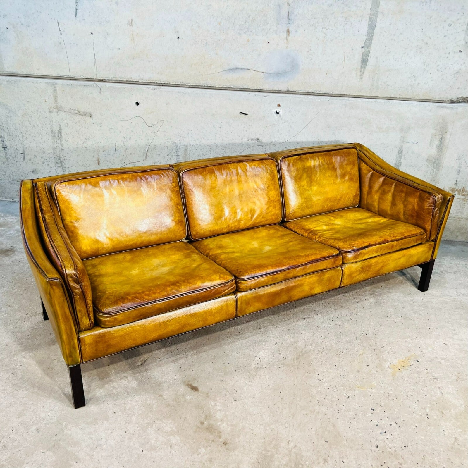 Vintage 1970s Danish Erik Jorgensen Patinated Light Tan Three-Seater Leather Sofa