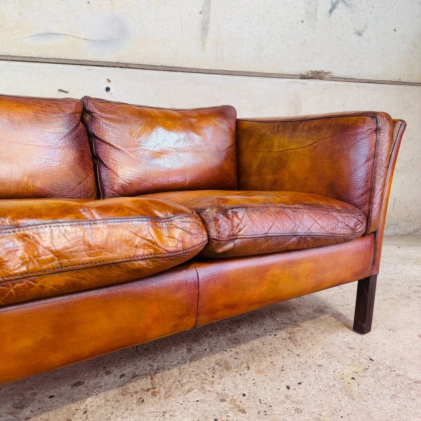 Vintage 1970s Danish Tan Leather Two-Seater Sofa