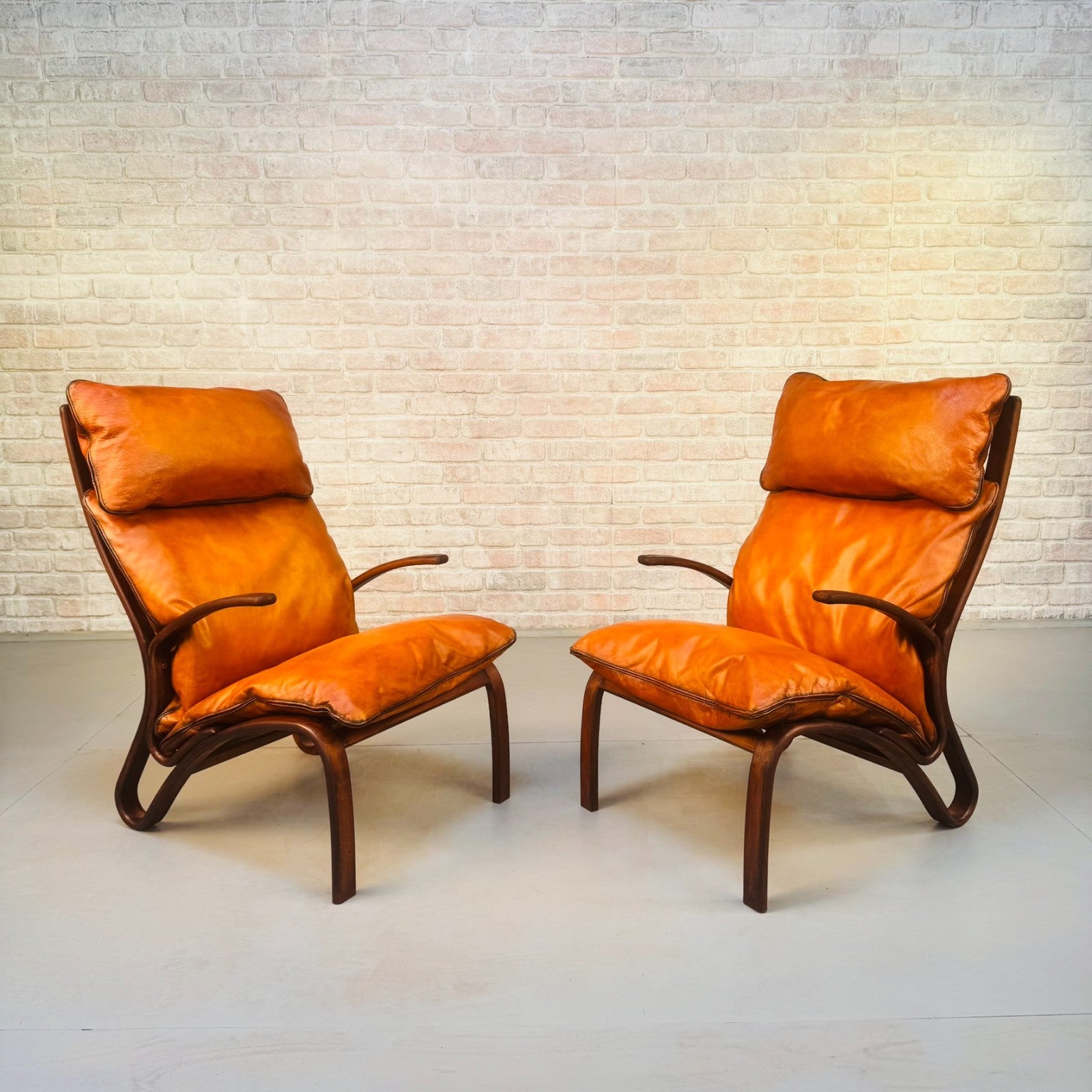 Pair Vintage Danish Bentwood Chairs Tan Leather Elegant Lounge Chairs