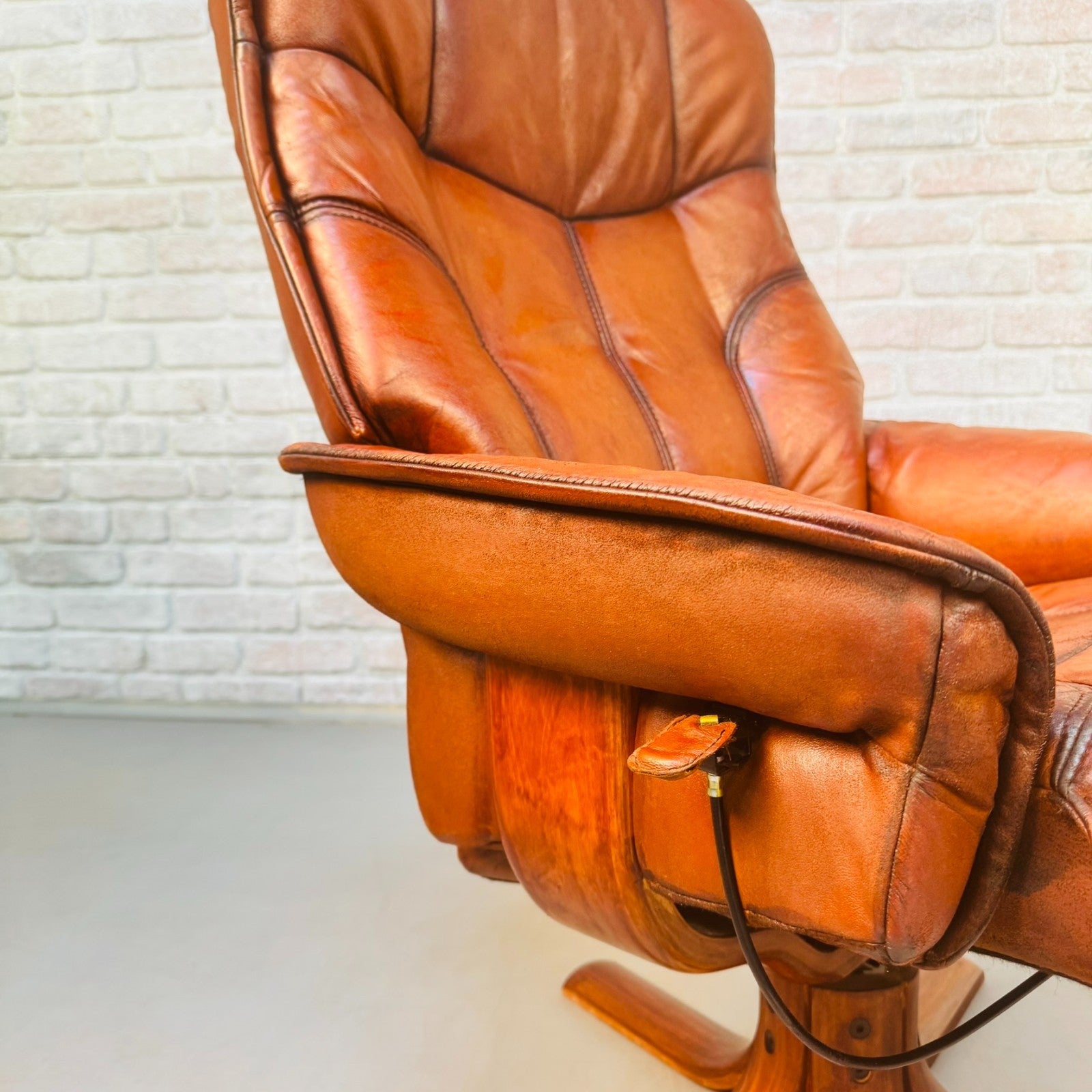 Vintage Danish Reclining Swivel Chair & Footstool | Hand Dyed Tan Leather