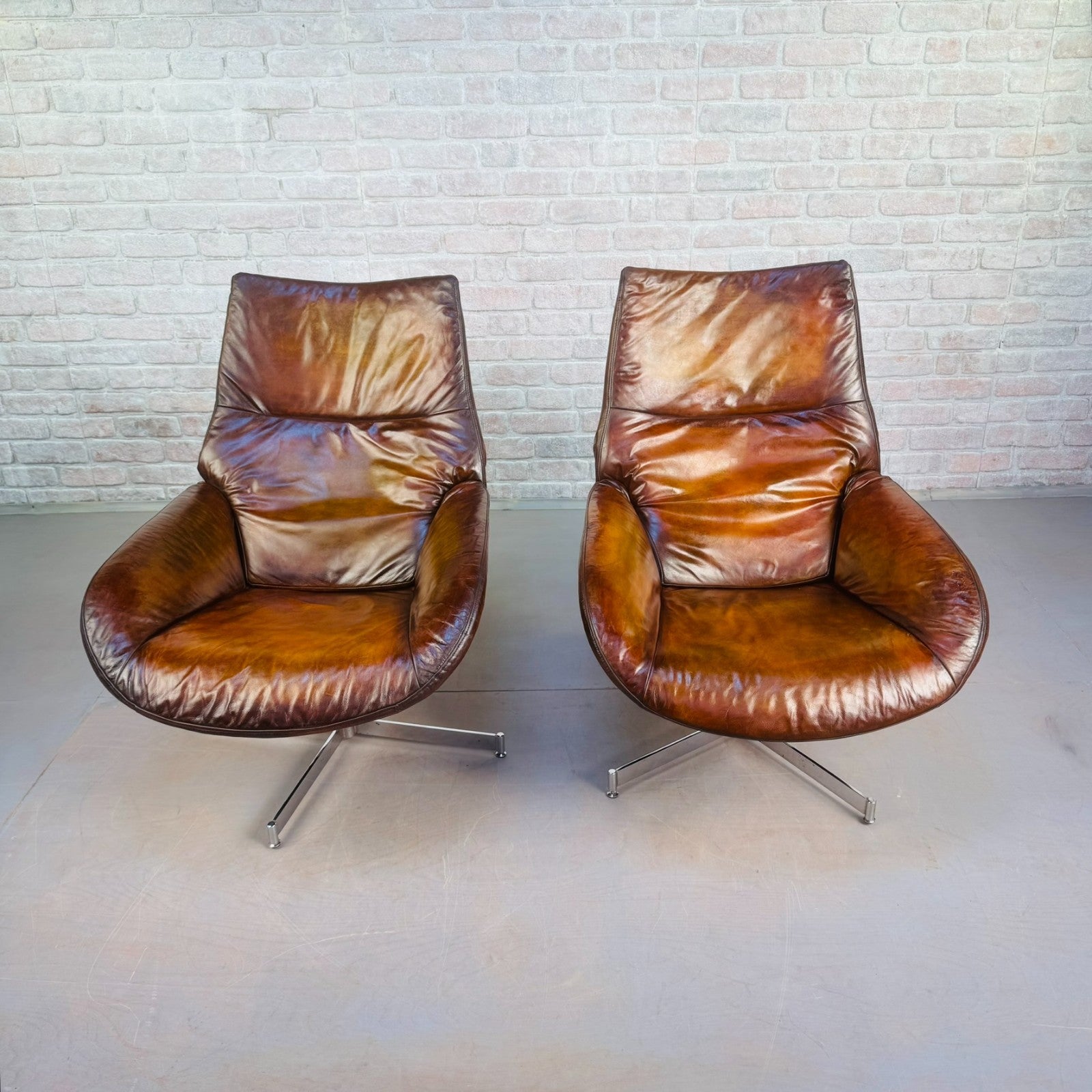 Stylish Vintage Danish Tan Leather Swivel Reclining Armchairs – Beautiful Patina