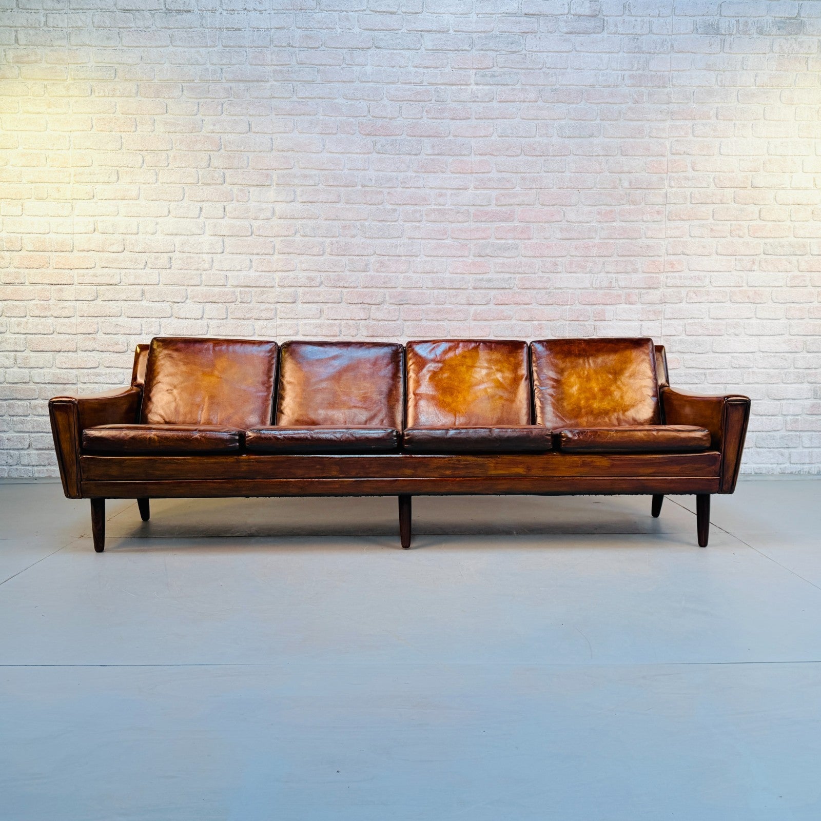 Vintage 1970s Danish George Thams Tan Hand-Dyed Leather Four Seater Sofa