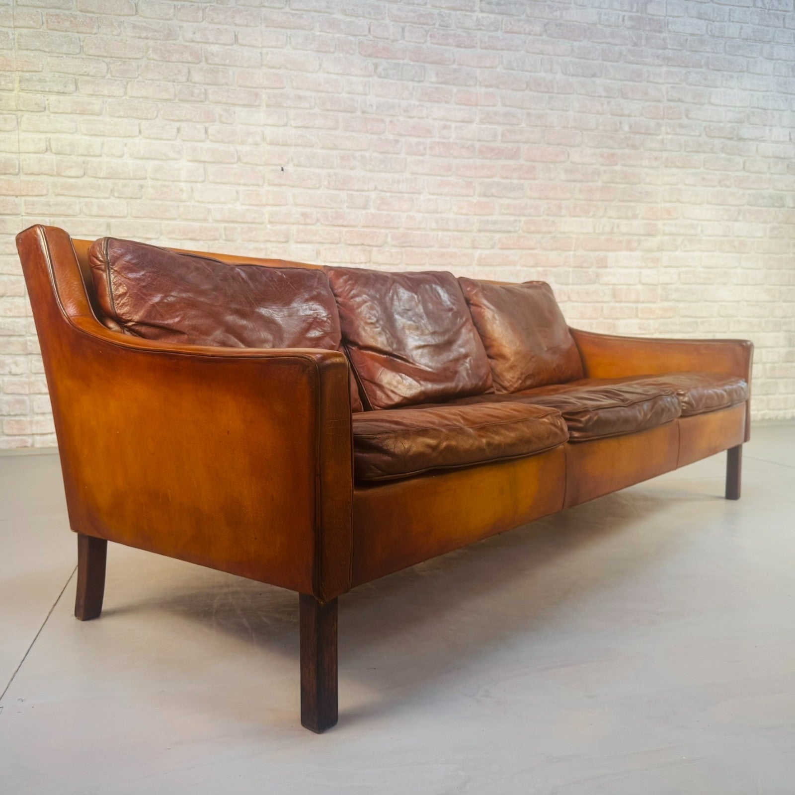1960s Swedish Patinated Tan Leather 3-Seater Sofa – Dark Walnut Legs