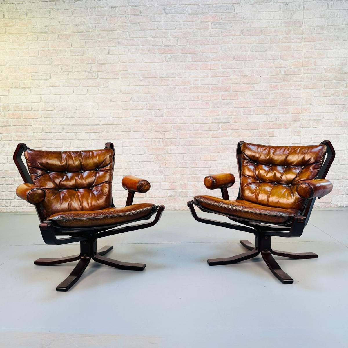 Pair Vintage 1970s Sigurd Ressel Falcon Chairs Tan Leather Norwegian Design