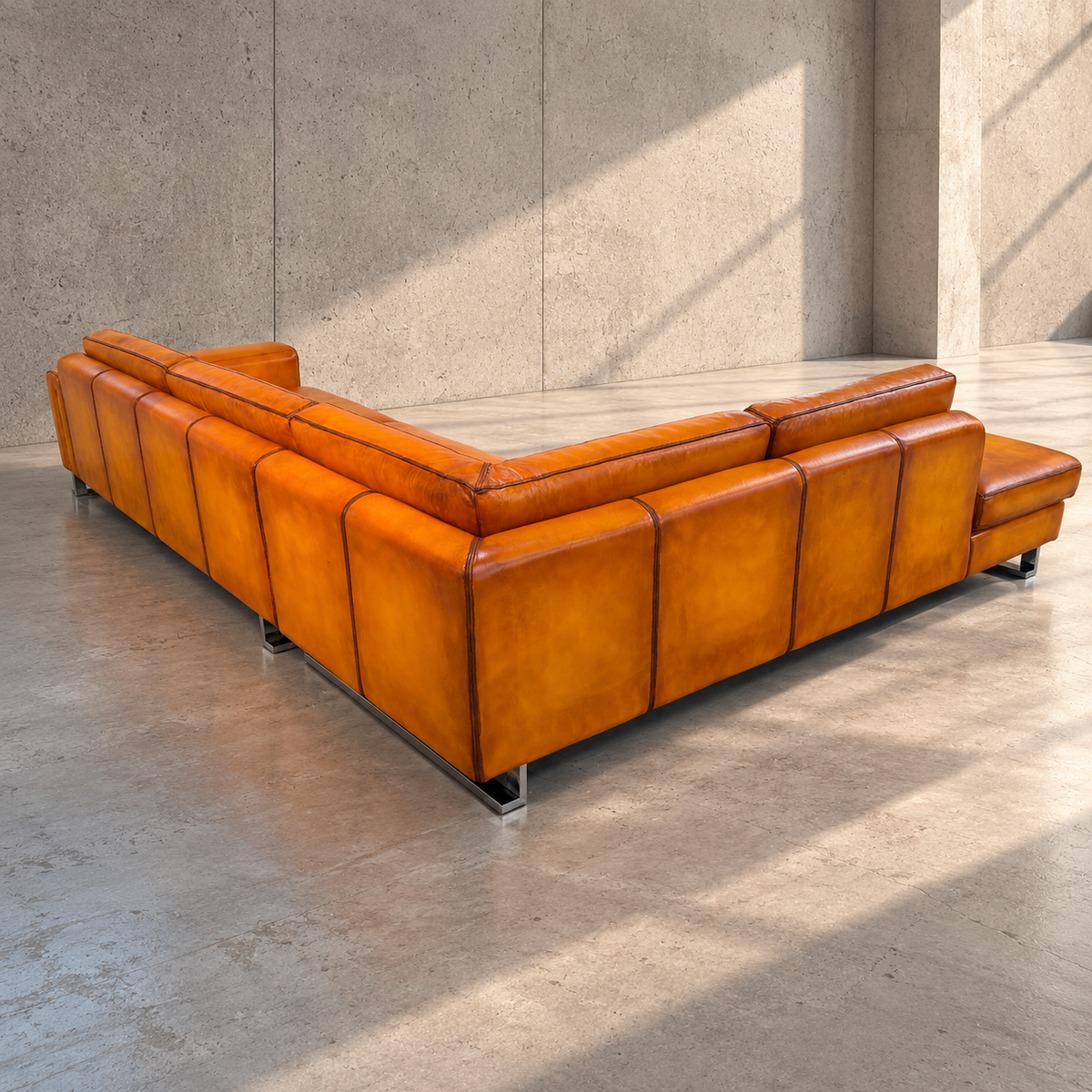 Roche Bobois Hand Dyed Cognac Leather Light Tan Corner Sofa Chaise