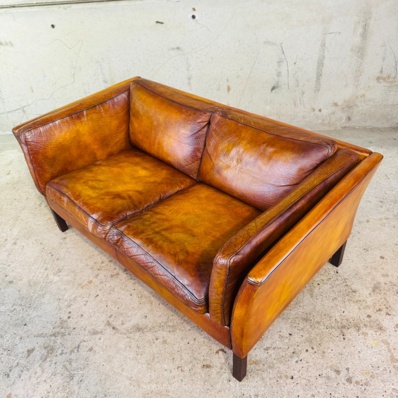 Vintage 1970s Danish Tan Leather Two-Seater Sofa