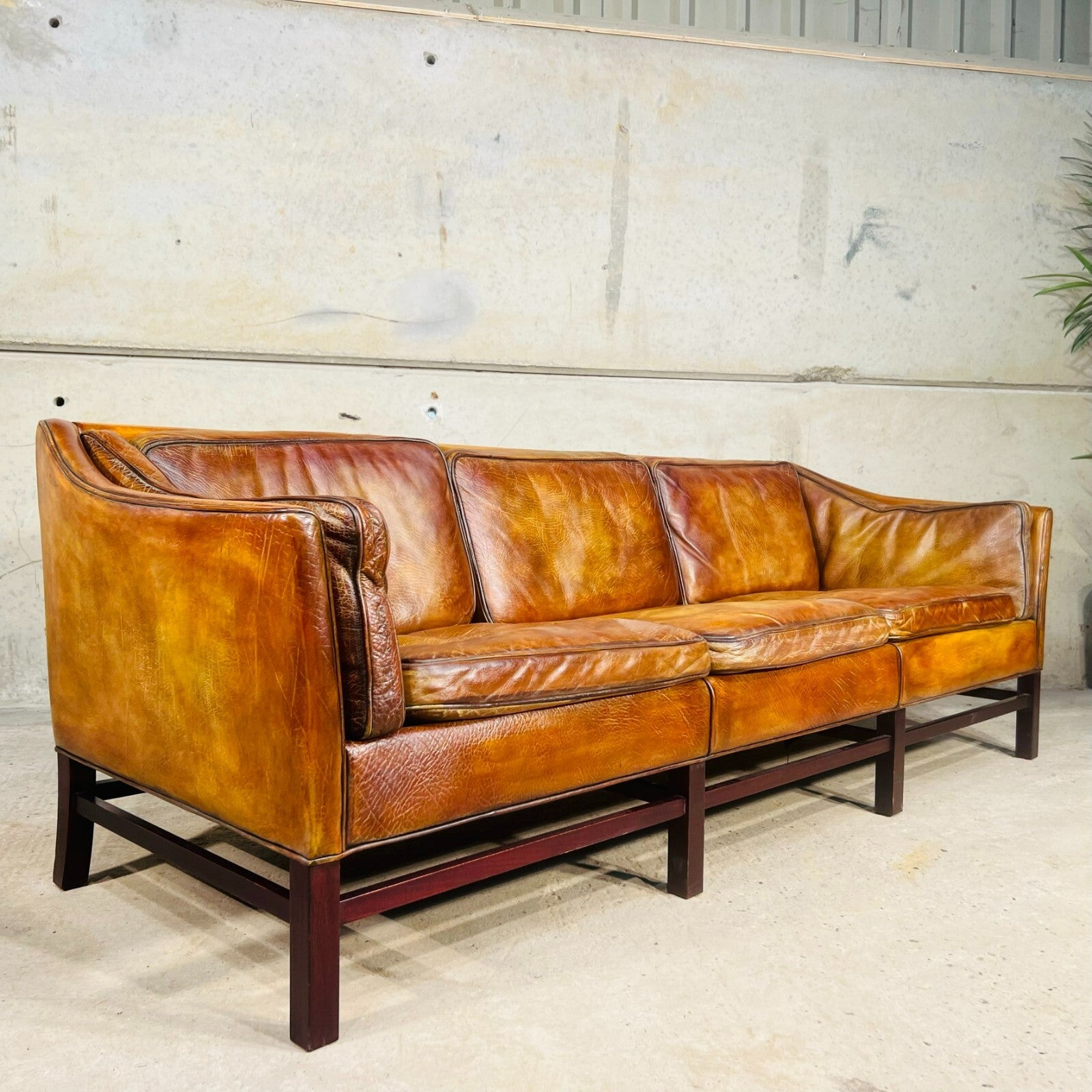 Vintage Erik Jorgensen 70s Danish Tan Three-Seater Leather Sofa