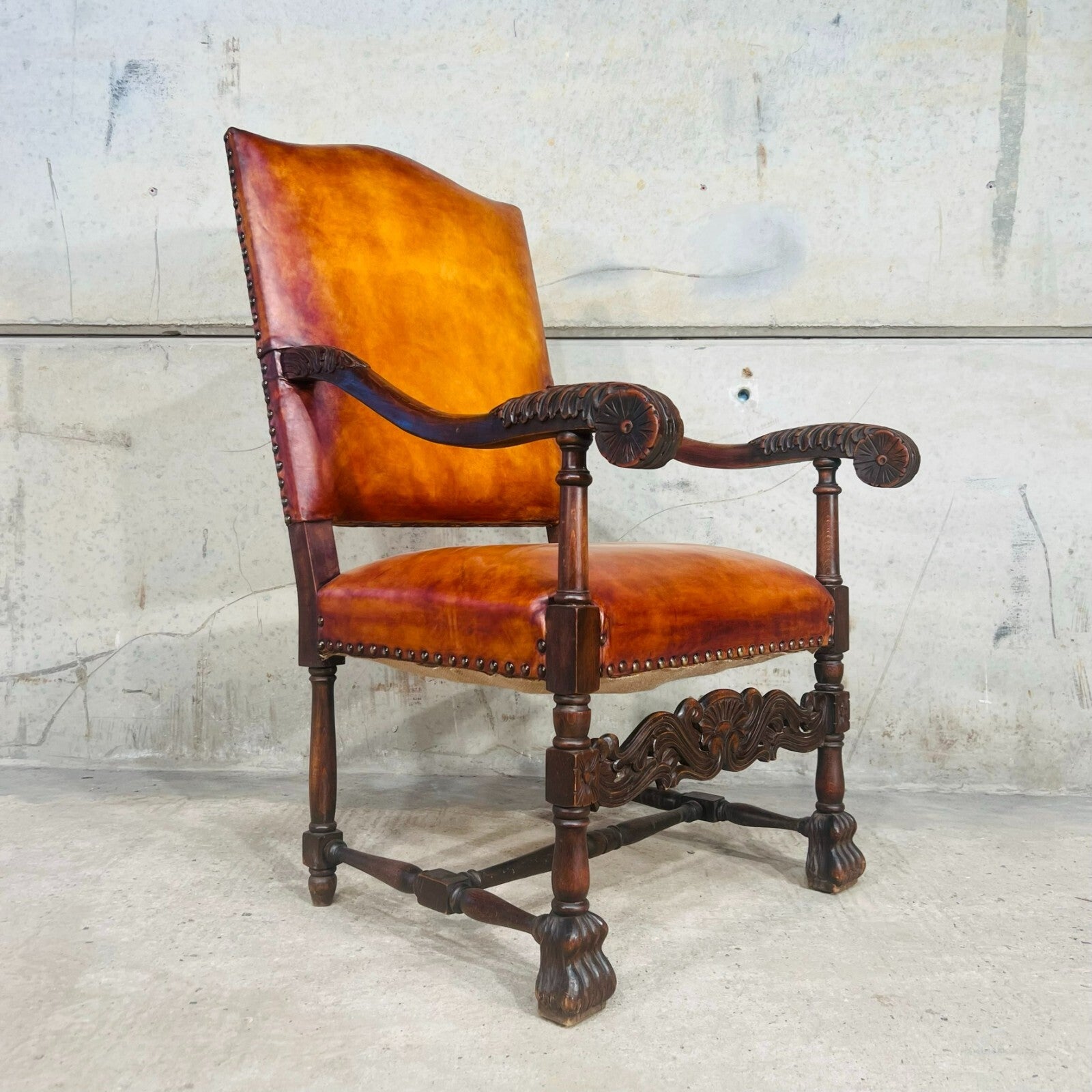 Cromwellian Revival Carved Oak and Leather Armchair Carver Chair