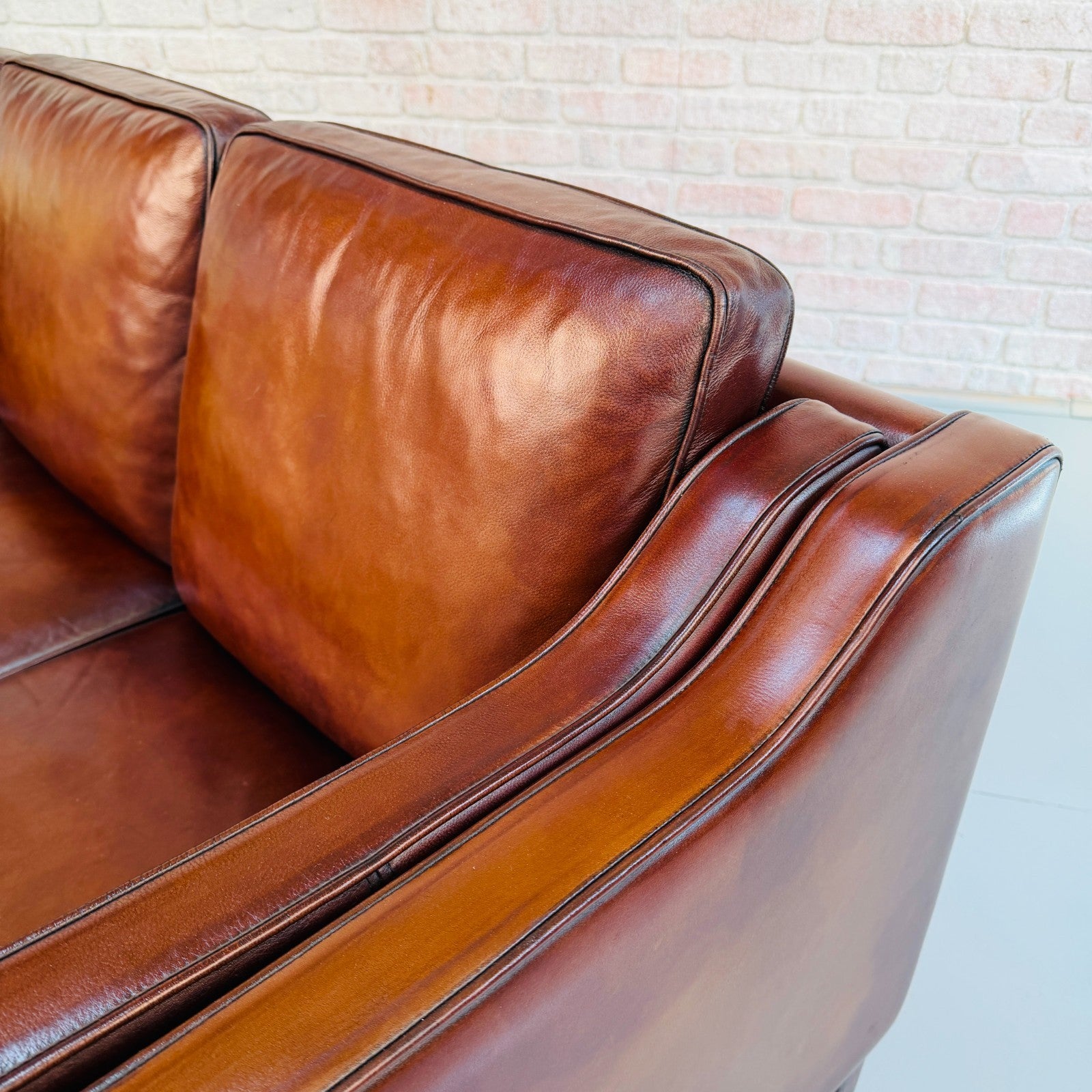 Vintage Danish Børge Mogensen Style Cigar Brown Leather Three Seater Sofa