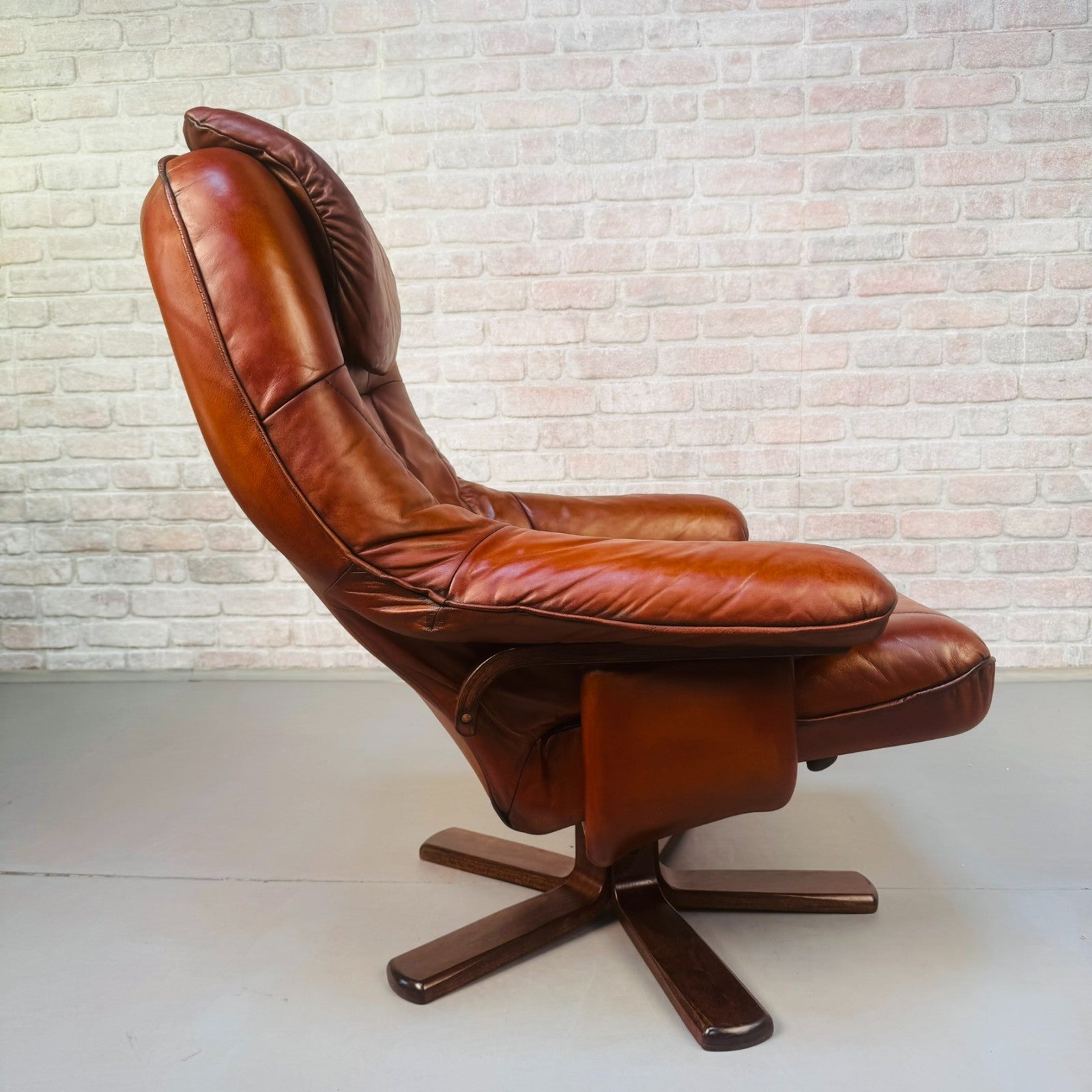 Vintage Danish Tan Leather Reclining Chair & Matching Footstool