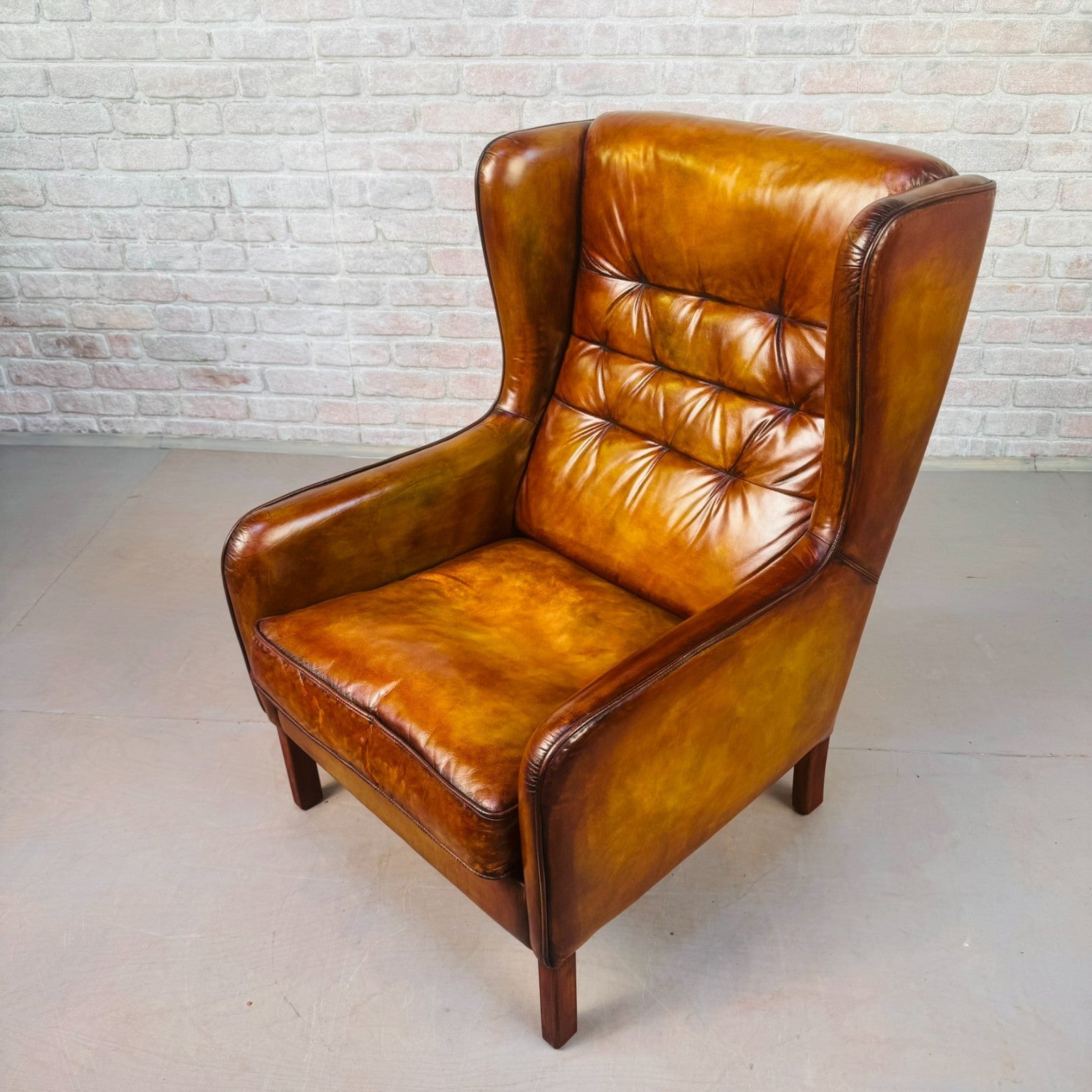 Vintage Danish High Back Light Tan Leather Armchair Mid Century Lounge Chair