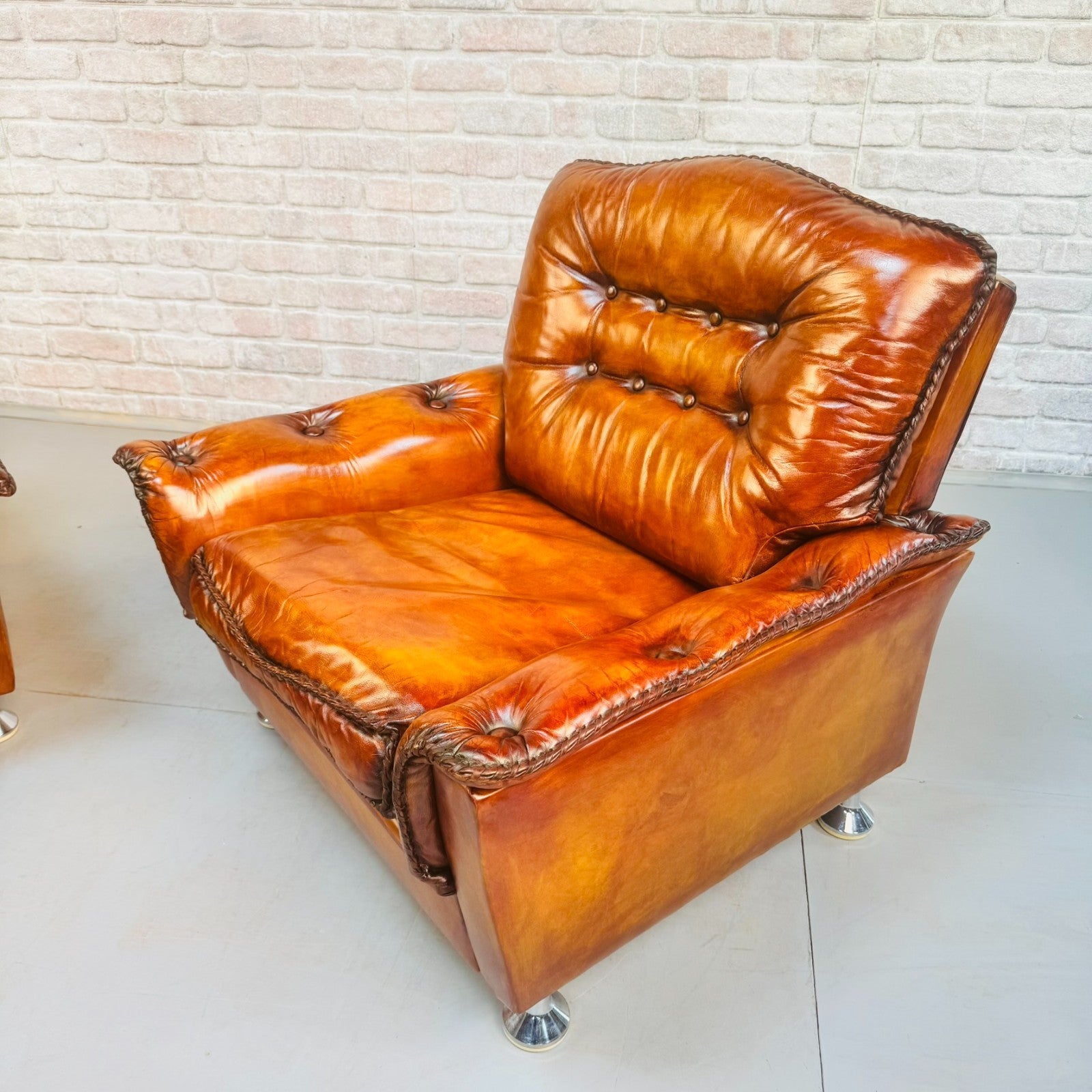Vintage Danish Pair of Tan Leather Armchairs