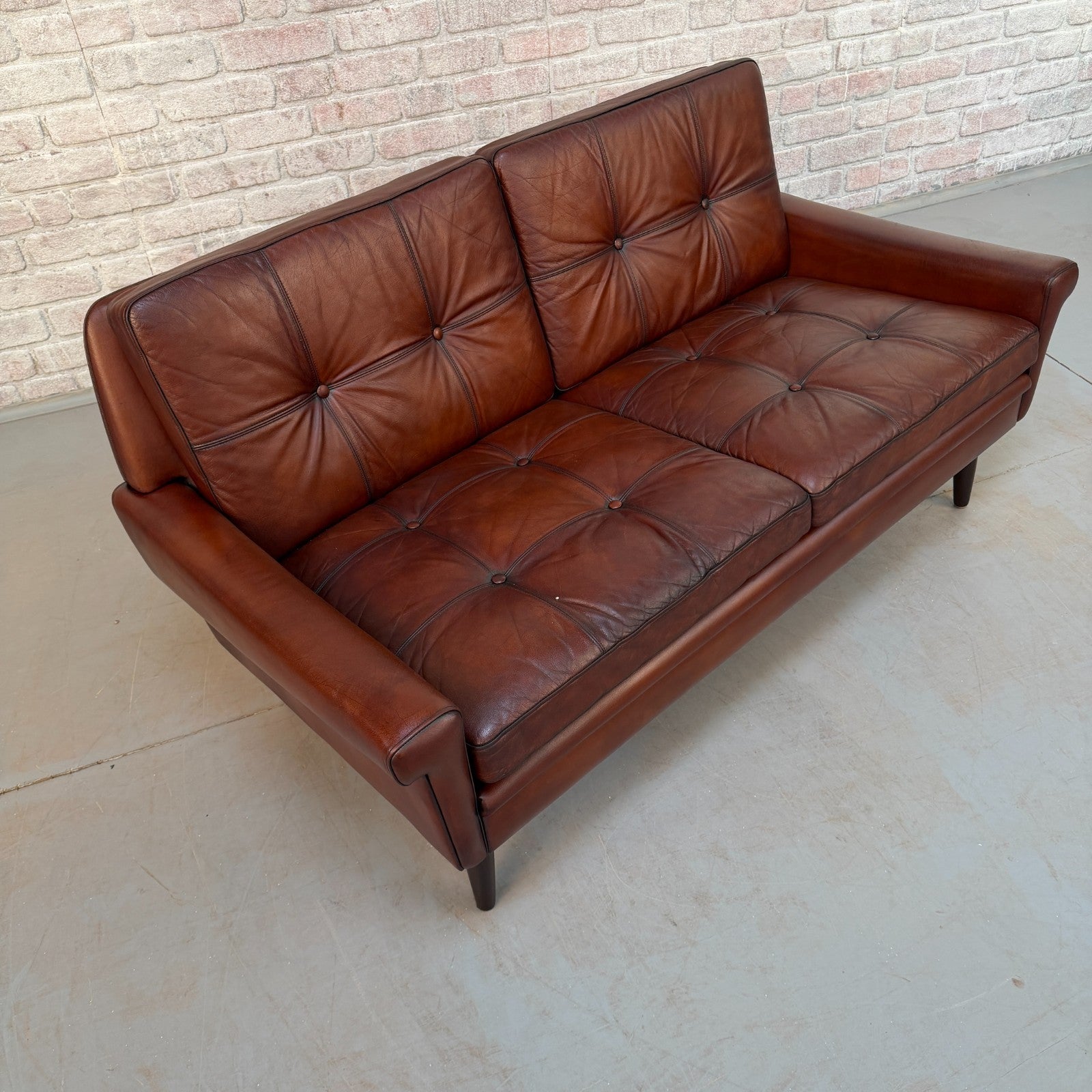 Vintage 1970s Svend Skipper Brown Leather Two-Seater Sofa