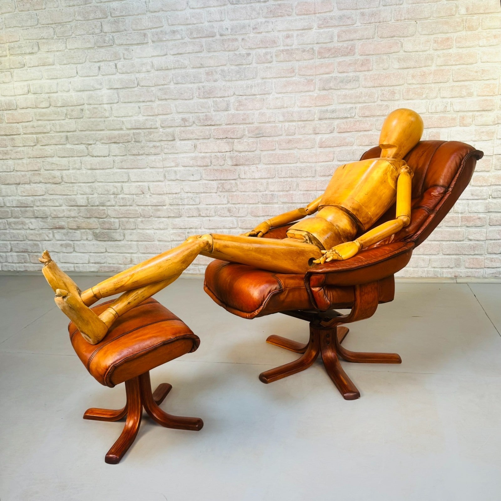 Vintage Danish Reclining Swivel Chair & Footstool | Hand Dyed Tan Leather