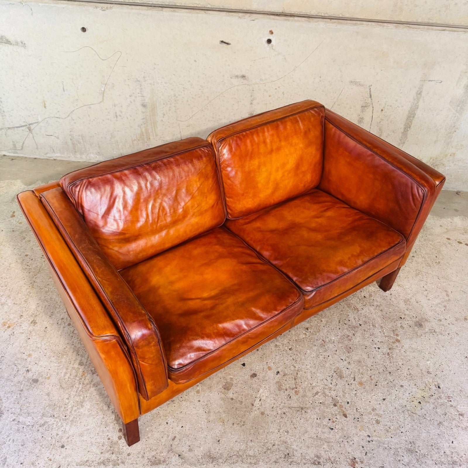 Danish Light Tan Leather 2 Seater Sofa — Elegant Lines