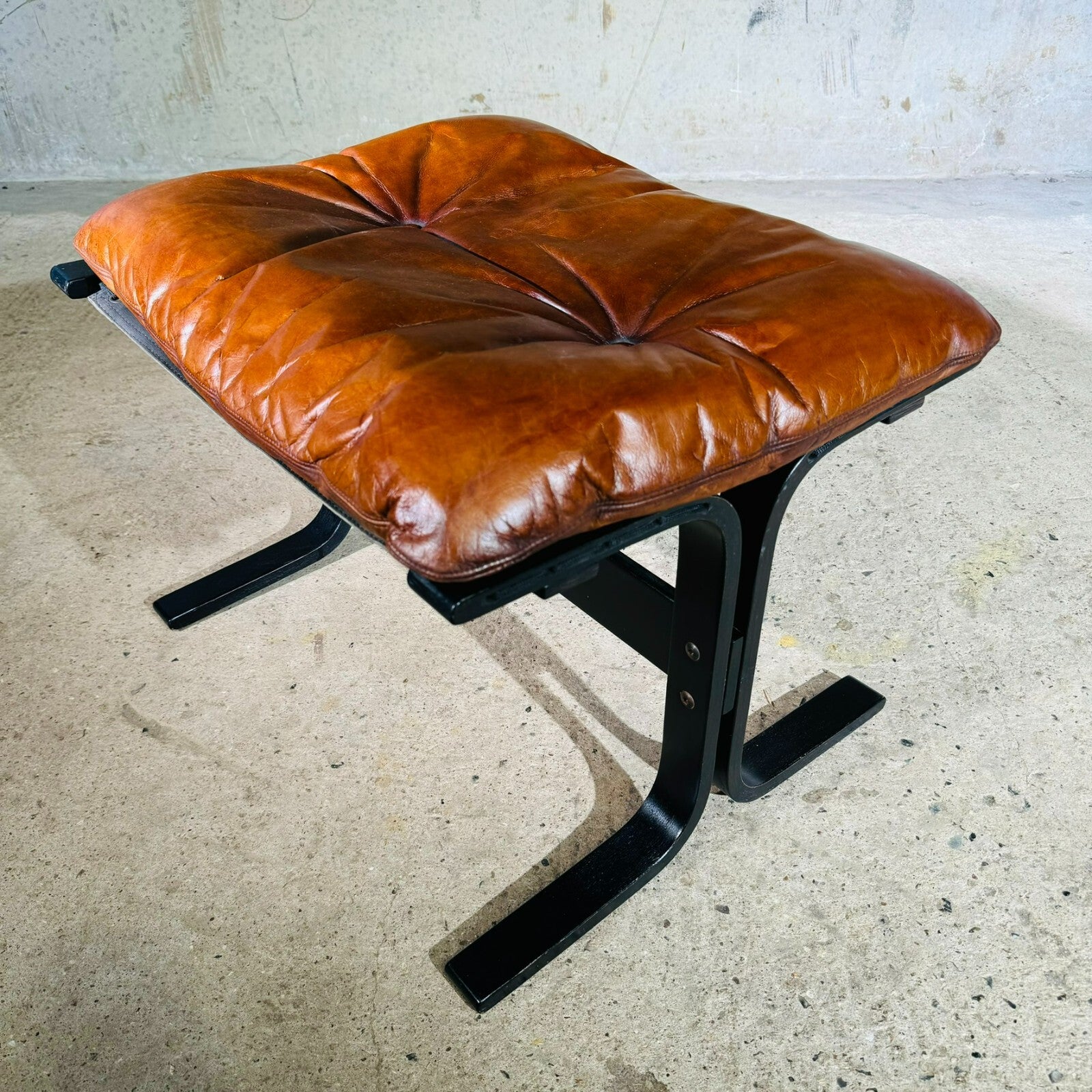 Vintage 1970s Westnofa Highback Tan Leather Chair & Footstool Ebonised Beech