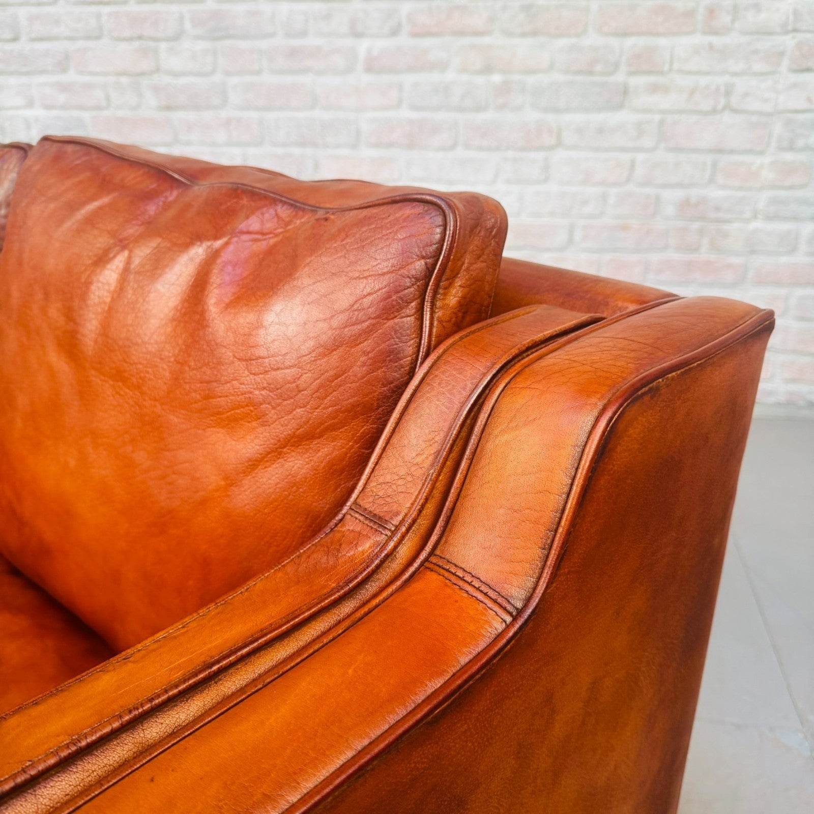 Vintage Danish Børge Mogensen Style Cognac Leather Three Seater Sofa