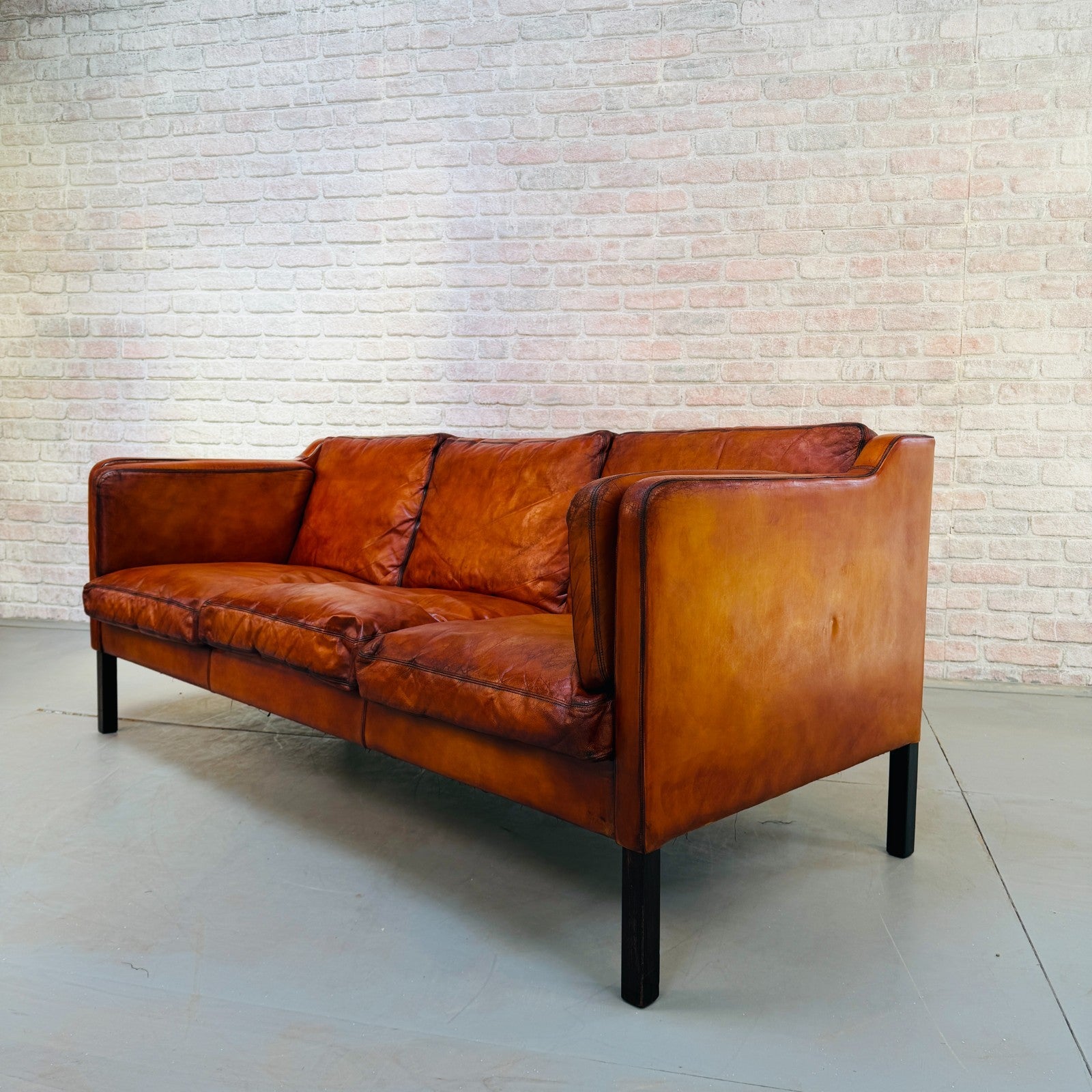 Vintage 1970s Thams Kvalitet Danish Cognac Hand-Dyed Leather Three Seater Sofa