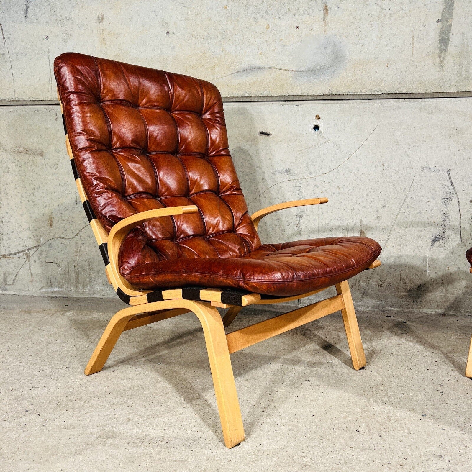 Wide Back Vintage 1970s Danish Cognac Leather Birch Bentwood Pair of Chairs