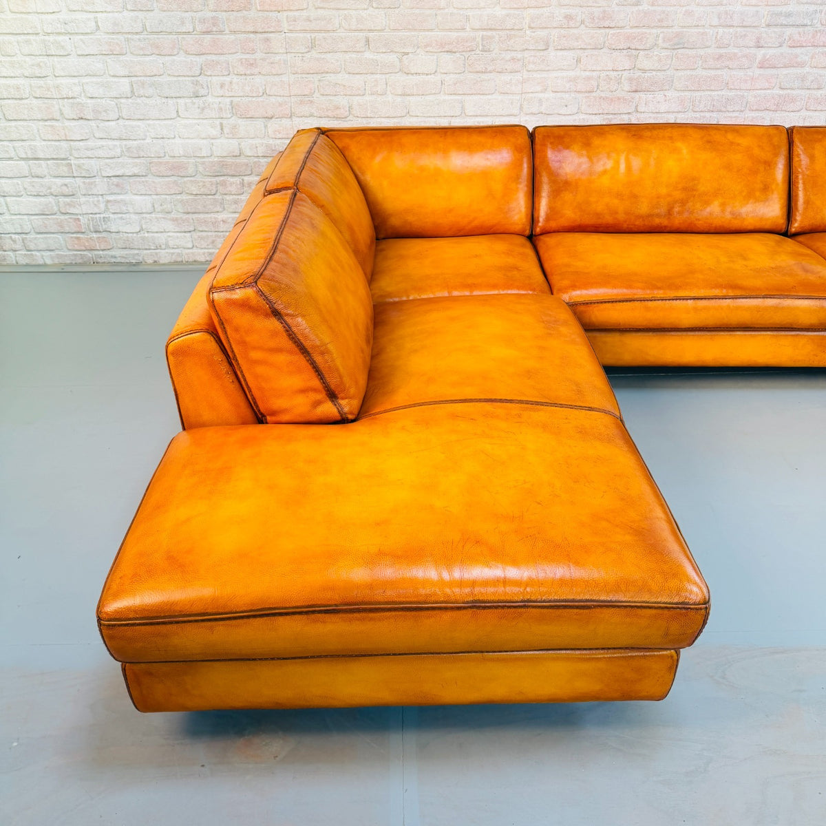 Roche Bobois Hand Dyed Cognac Leather Light Tan Corner Sofa Chaise