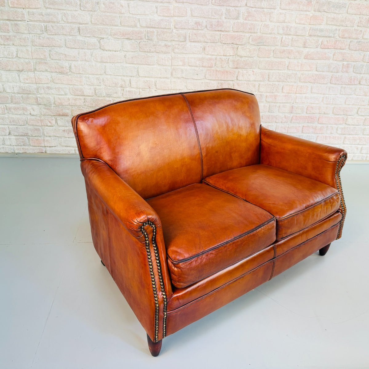 Vintage English Club Cognac Leather 2 Seater Sofa & Armchair Suite