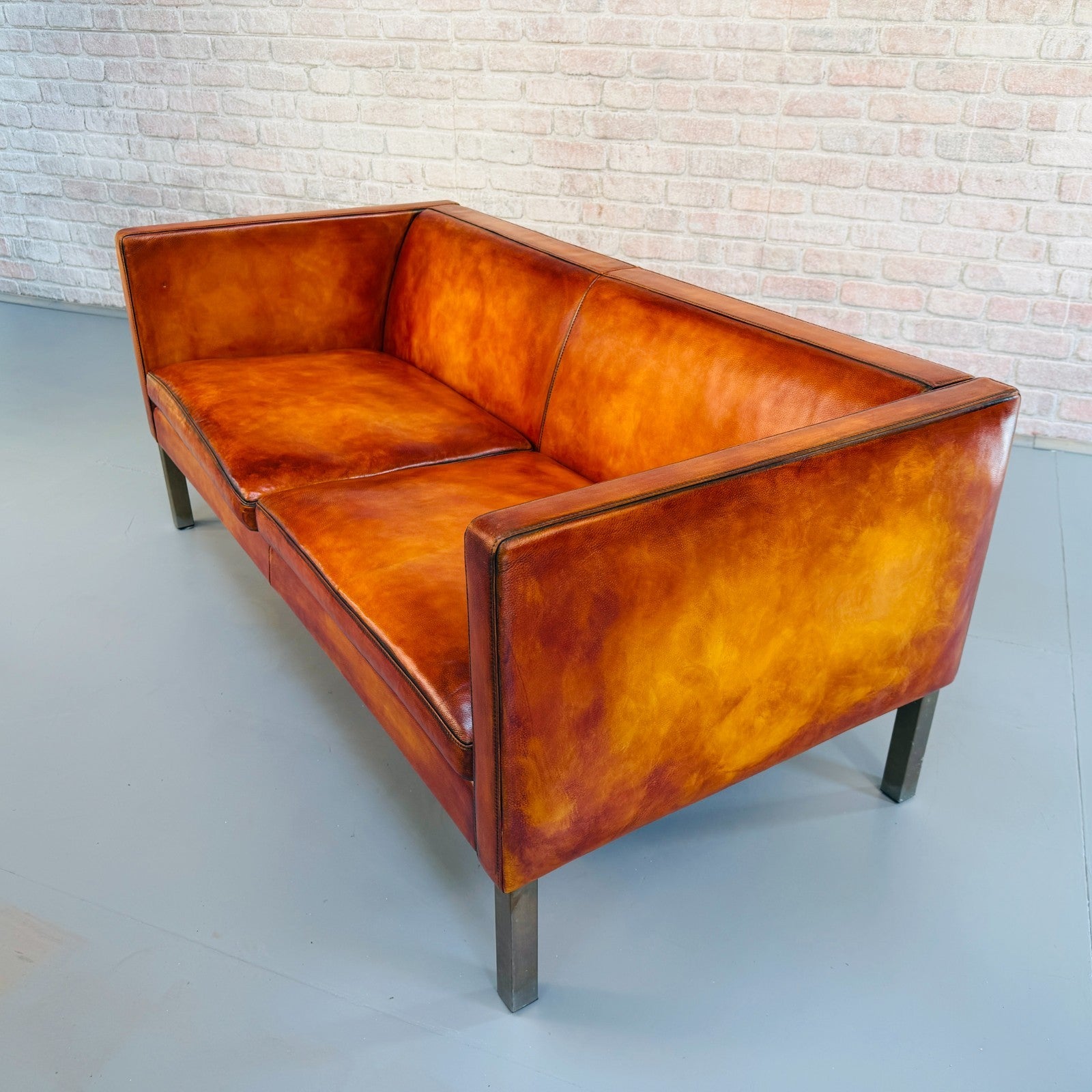 Long Vintage Danish Mogens Hansen Two Seater Light Tan Leather Sofa
