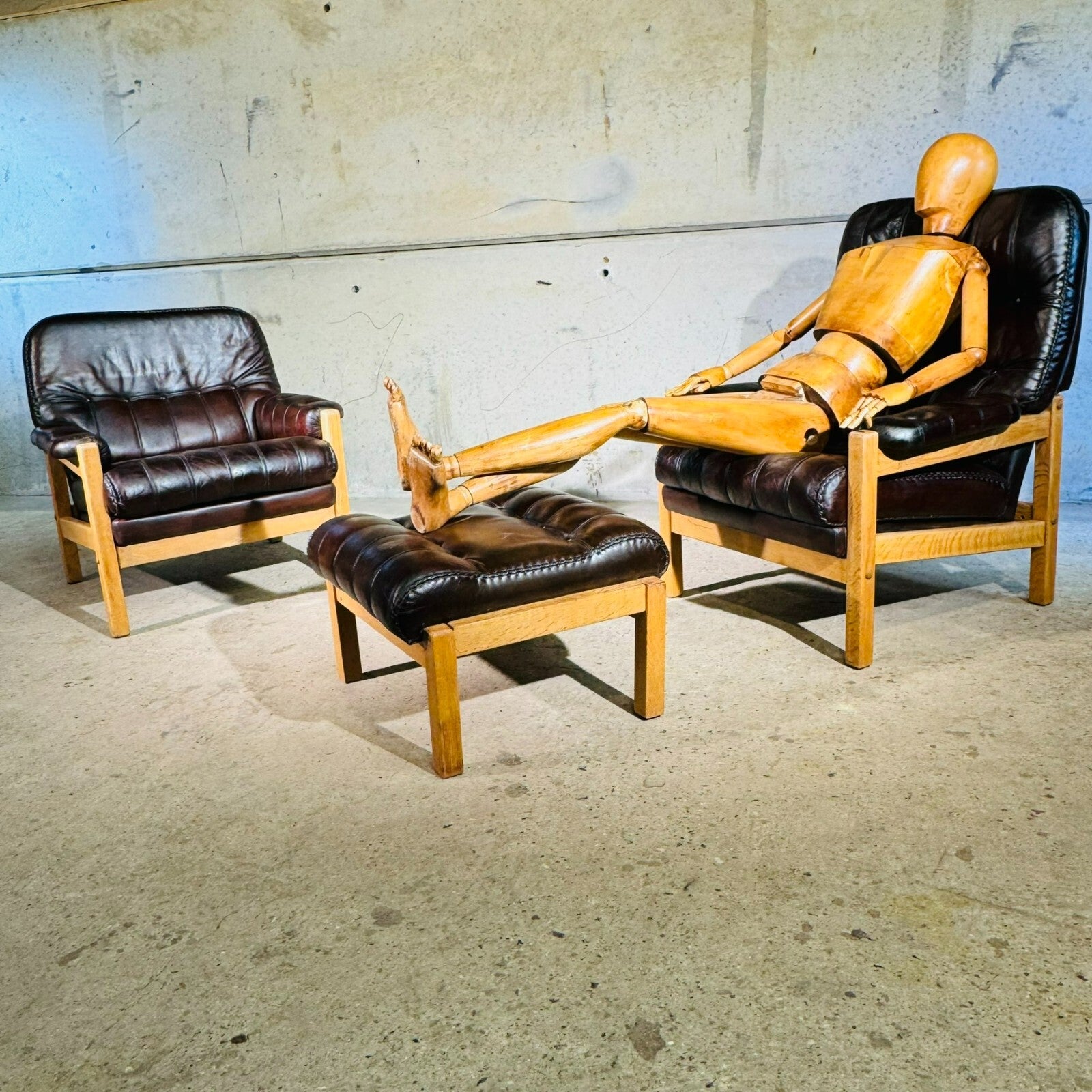 Vintage His and Hers Leather & Oak Swedish Chairs 1970s with Footstool
