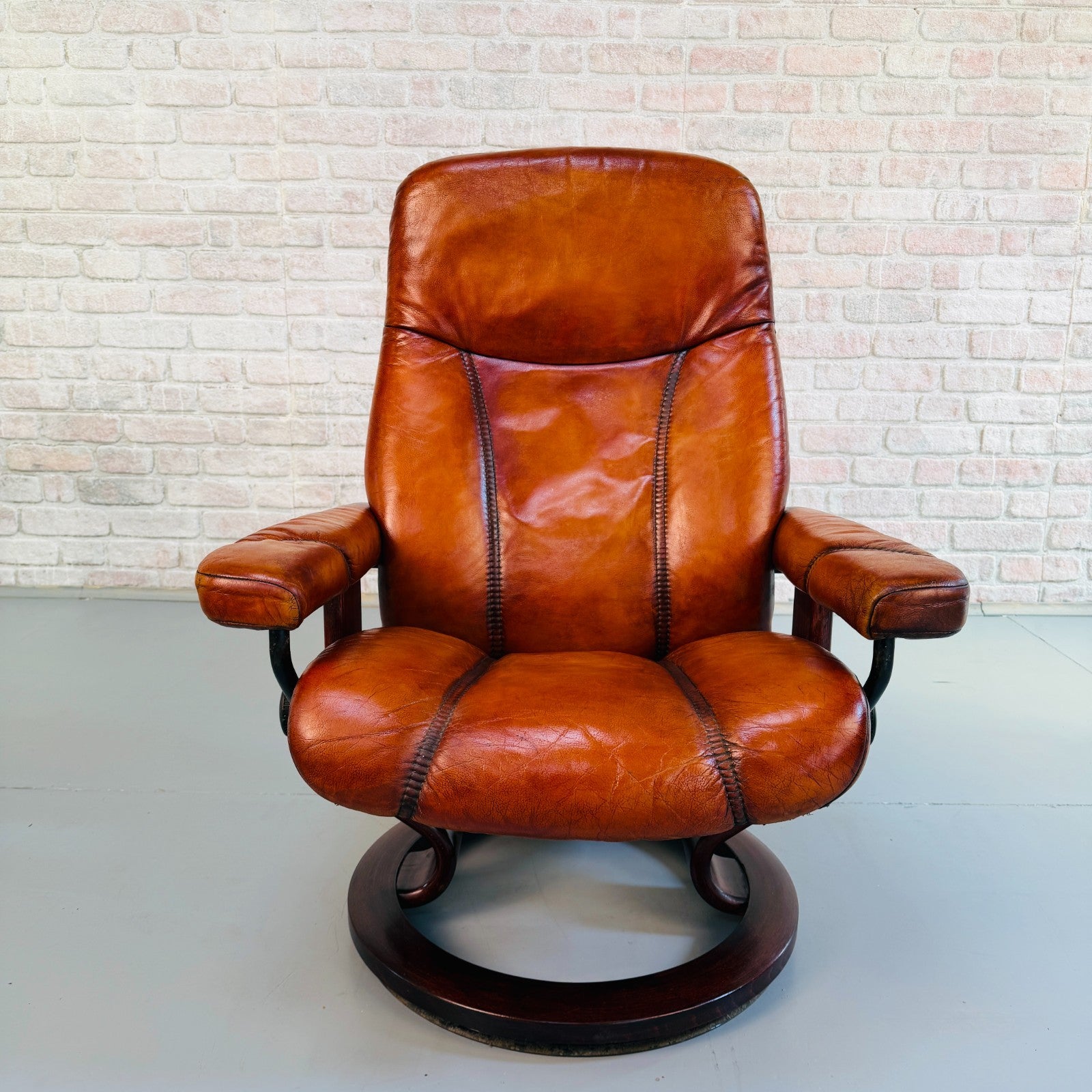 Vintage Danish Ekornes Reclining Swivel Armchair Tan Leather with Footstool
