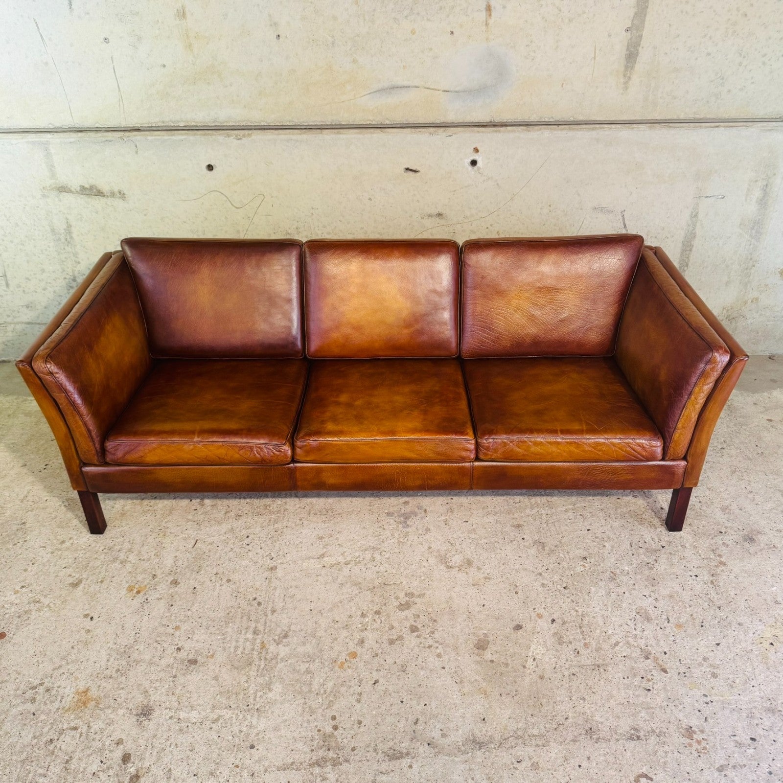 Danish Vintage Tan Leather 3 Seater Sofa — Sleek & Elegant