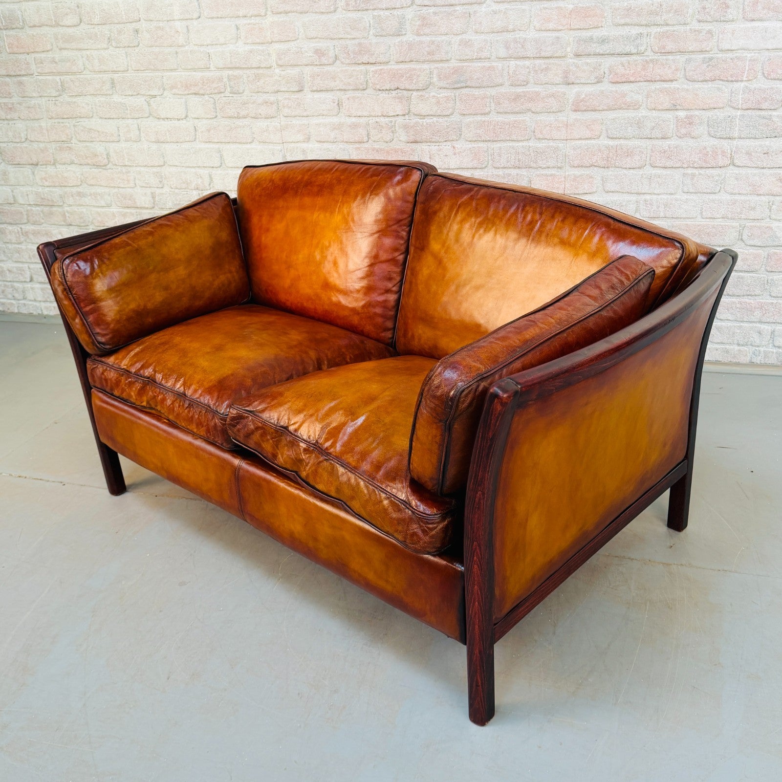 Vintage Danish Stouby Tan Hand-Dyed Leather Two Seater Sofa
