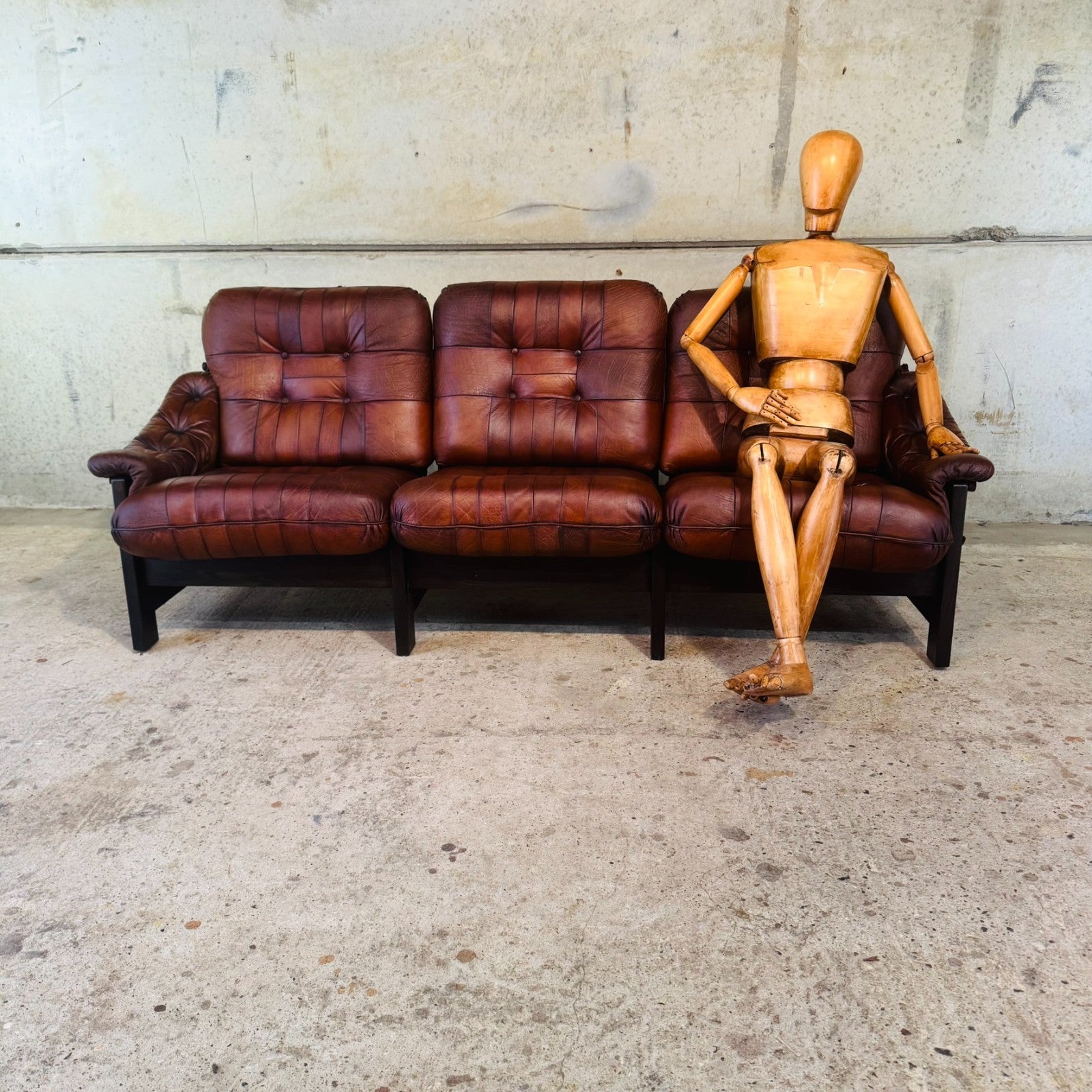 1970s Jean Gillon Brazilian Oak & Tan Leather Three-Seater Sofa