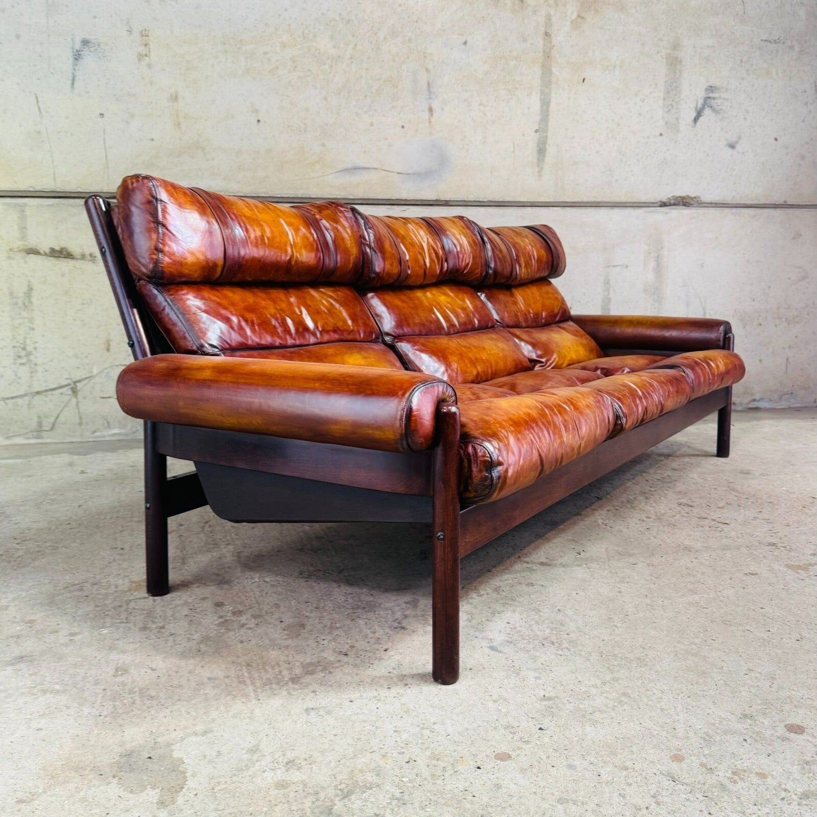 Vintage 70s Swedish Arne Norell Safari Three-Seater Tan Leather Sofa