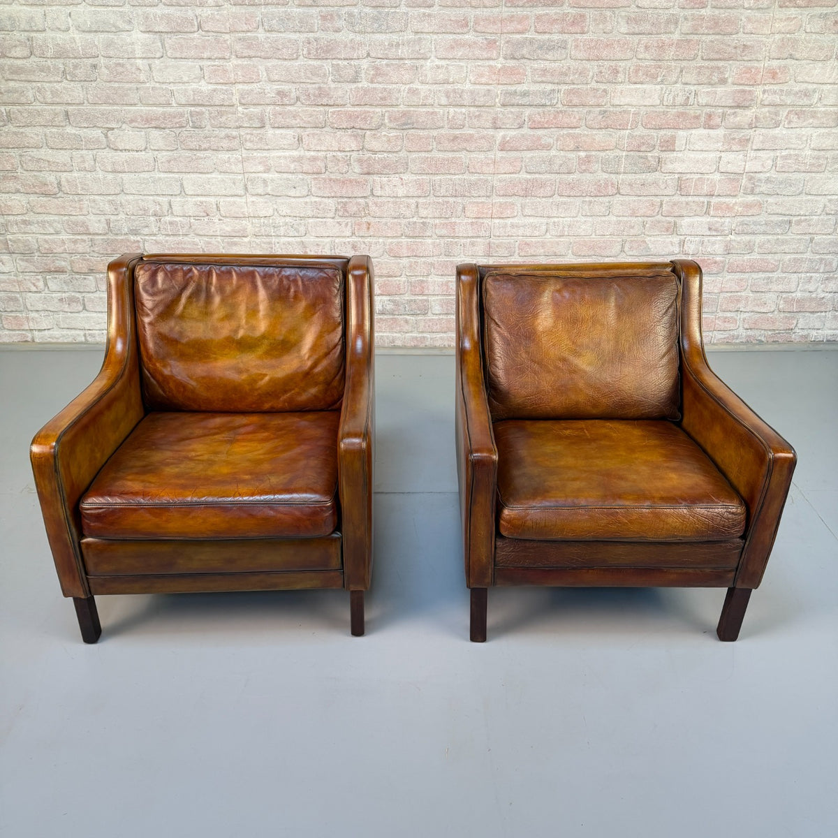 Near Pair Vintage 1970s Mogens Hansen Tan Leather Armchairs Danish Design