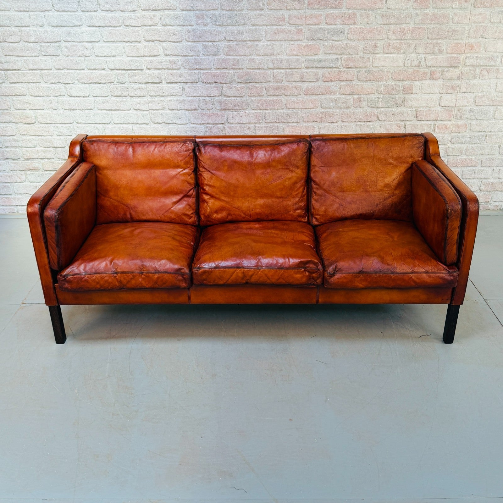 Vintage 1970s Thams Kvalitet Danish Cognac Hand-Dyed Leather Three Seater Sofa