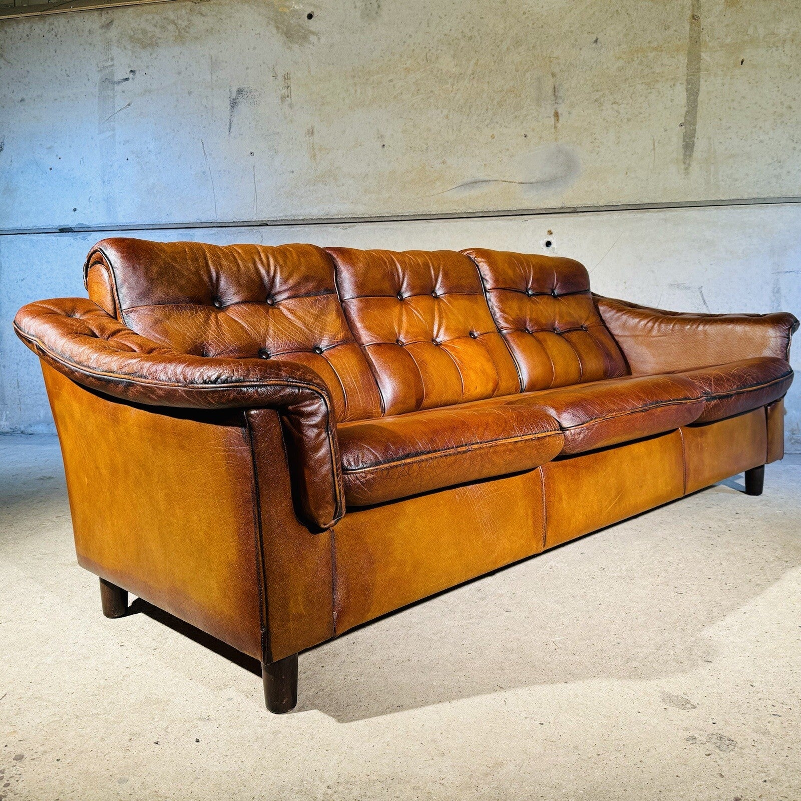 Vintage Danish Three-Seater Sofa - Bull Neck Leather, Hand-Dyed Tan Finish