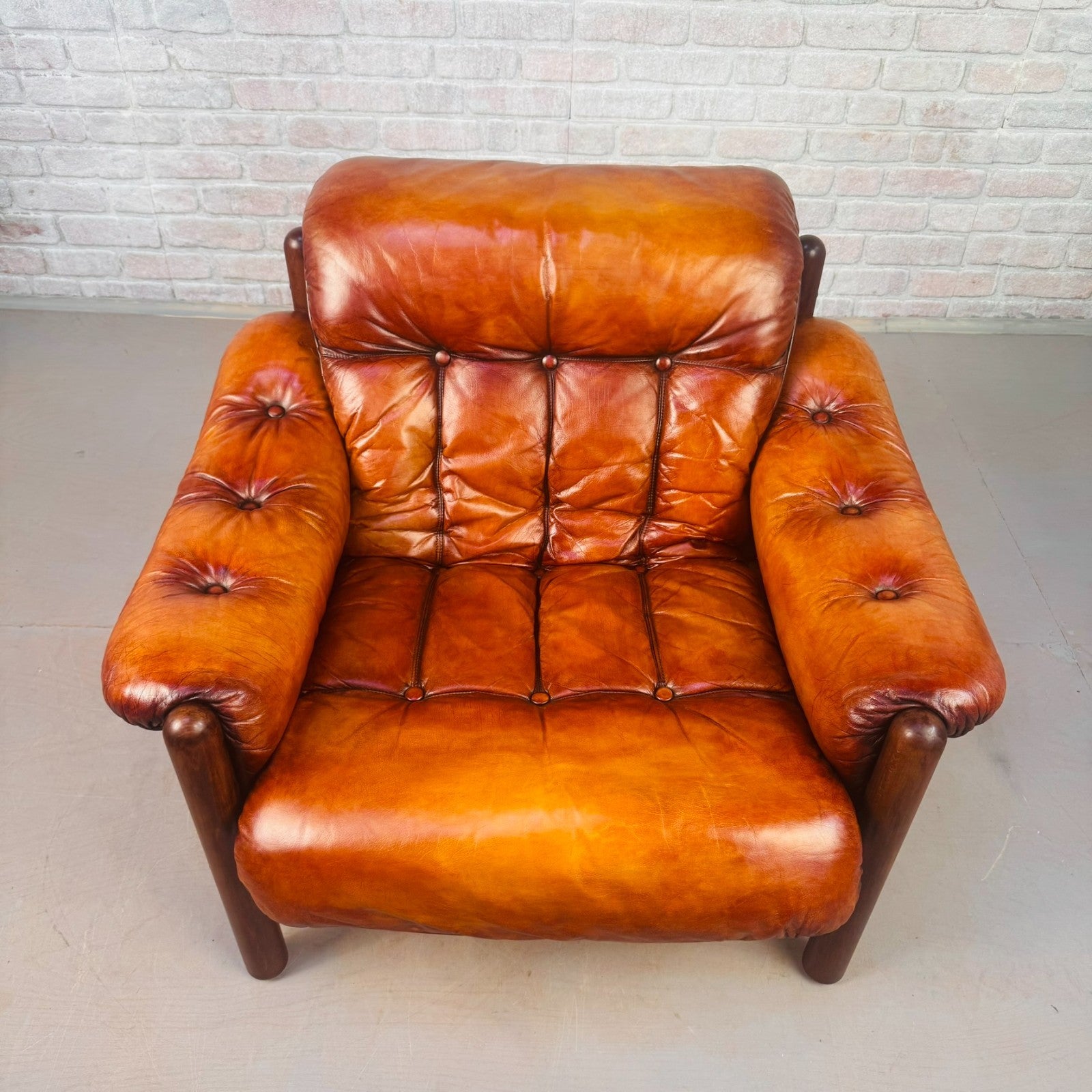 Vintage Swedish Cognac Leather Armchair Mid Century Scandinavian Lounge Chair