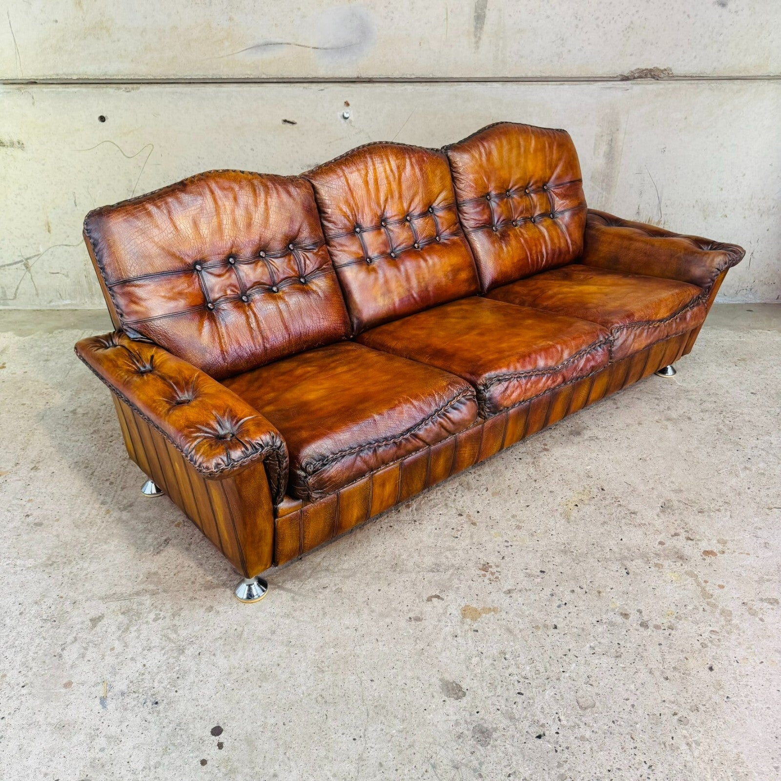 1970s Danish Rustic Tan Leather Three-Seater Sofa – Full Grain Buffalo